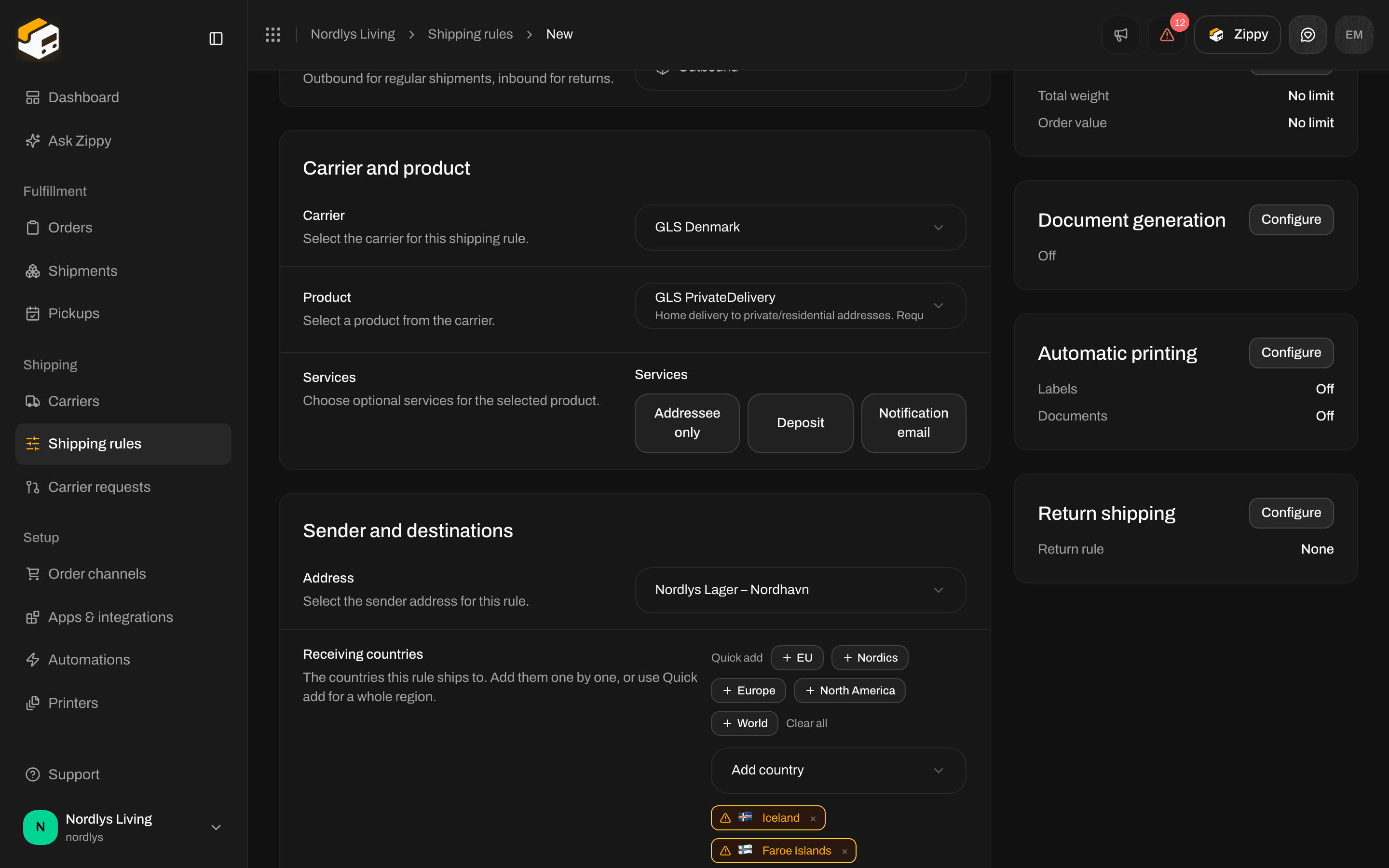 Create shipping rule form with carrier, product, services, sender address, and receiving countries filled in