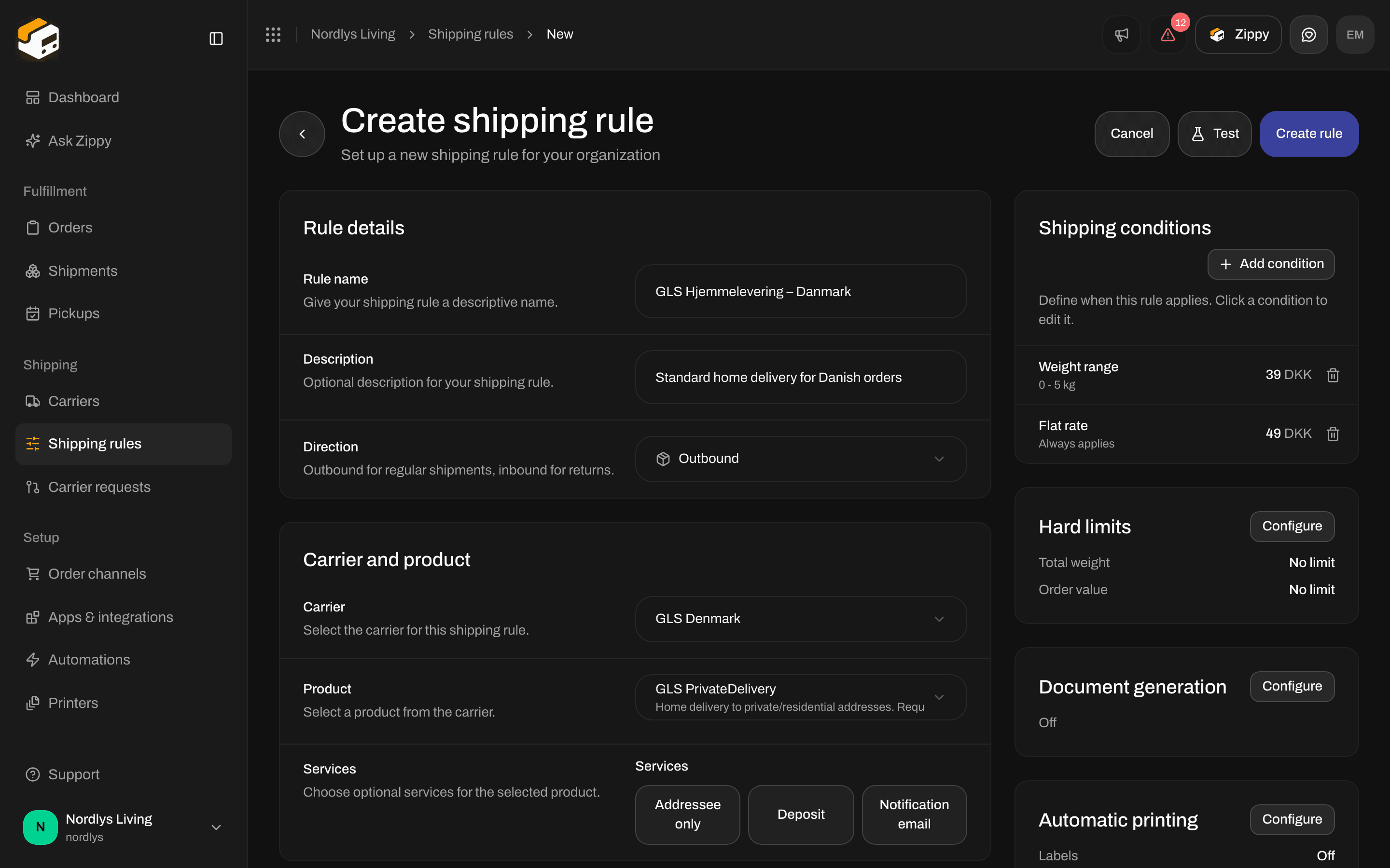 Shipping conditions with a weight condition at 39 DKK and a flat-rate condition at 49 DKK