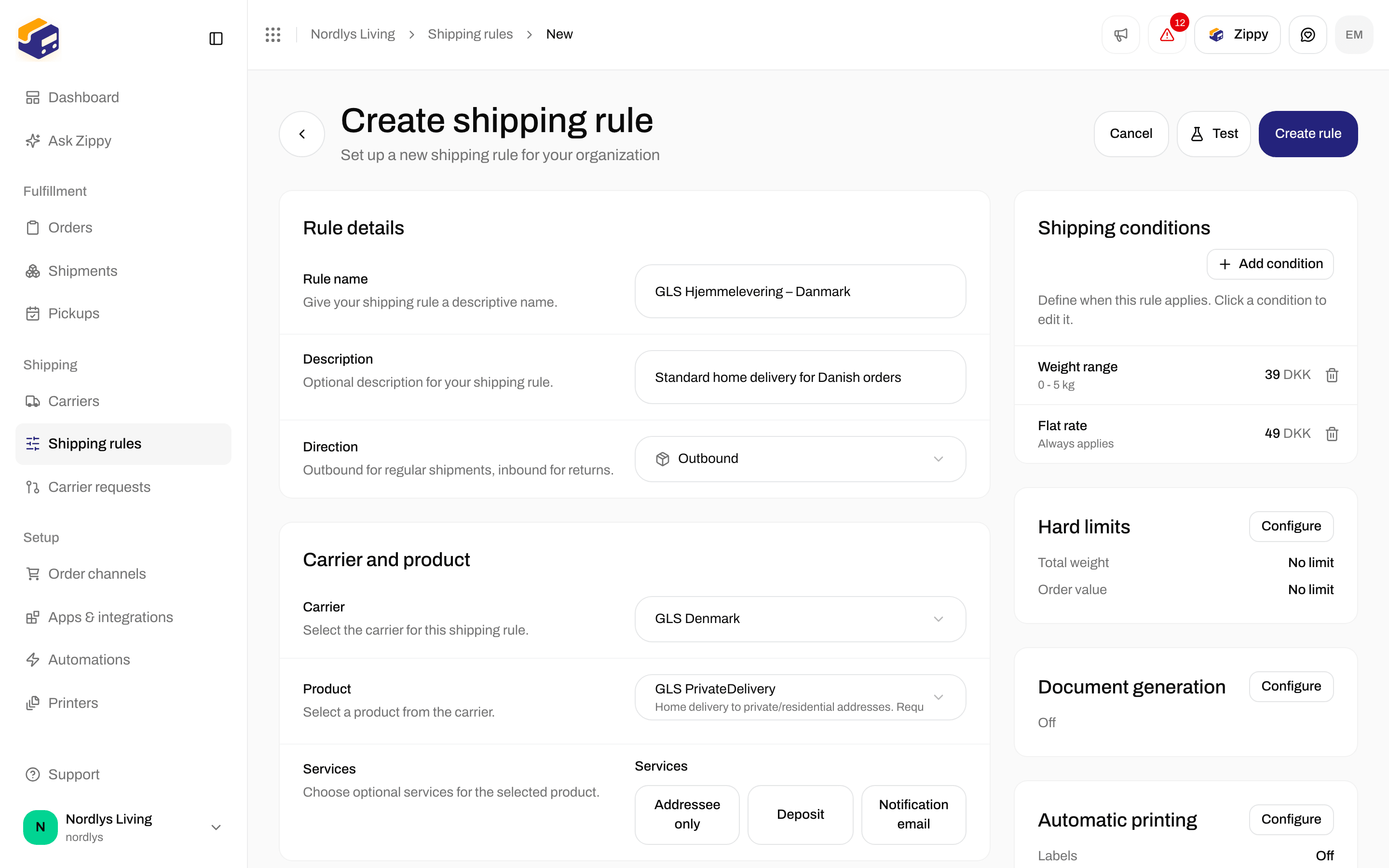 Shipping conditions with a weight condition at 39 DKK and a flat-rate condition at 49 DKK