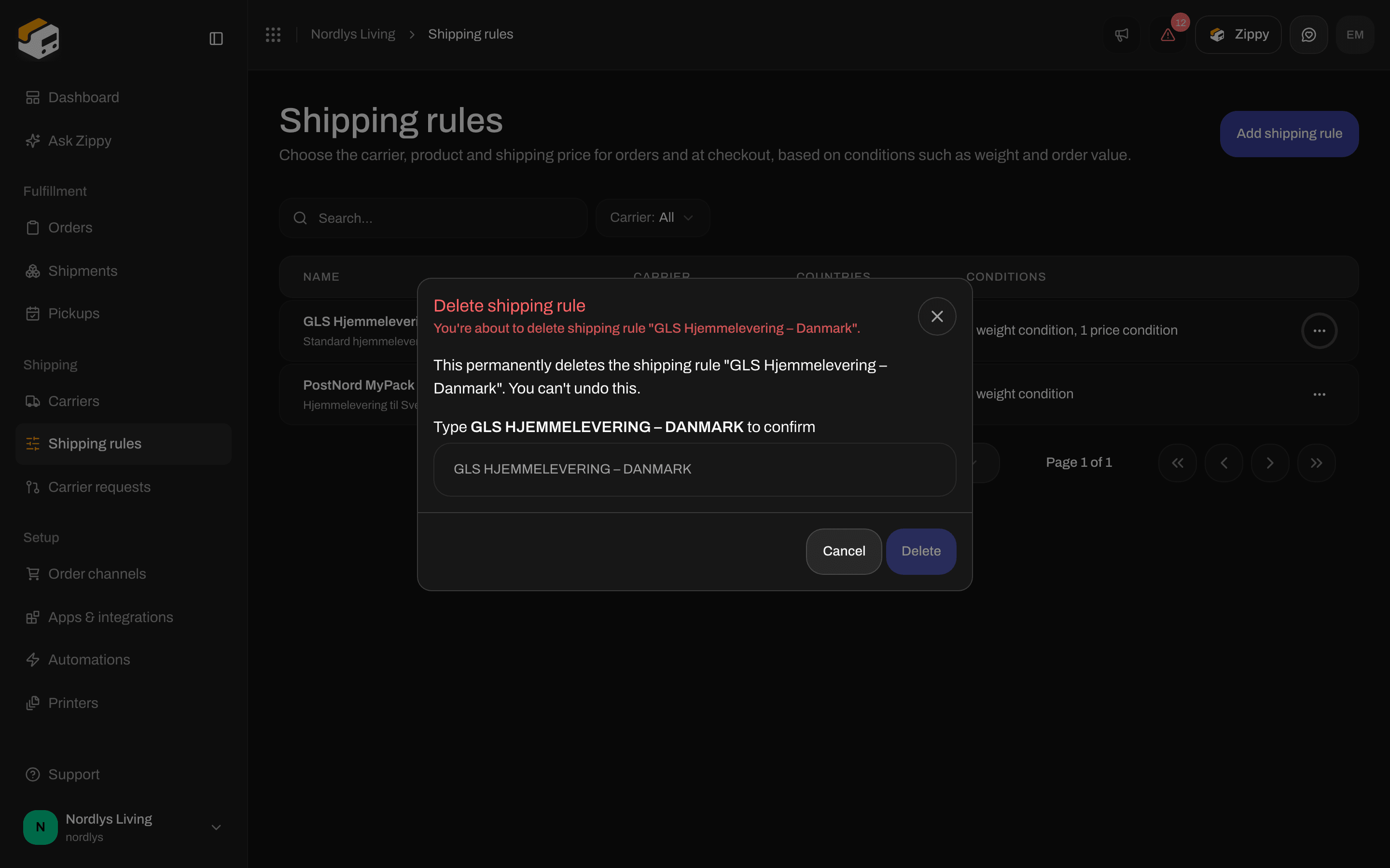 Delete shipping rule window asking you to type GLS HJEMMELEVERING – DANMARK to confirm