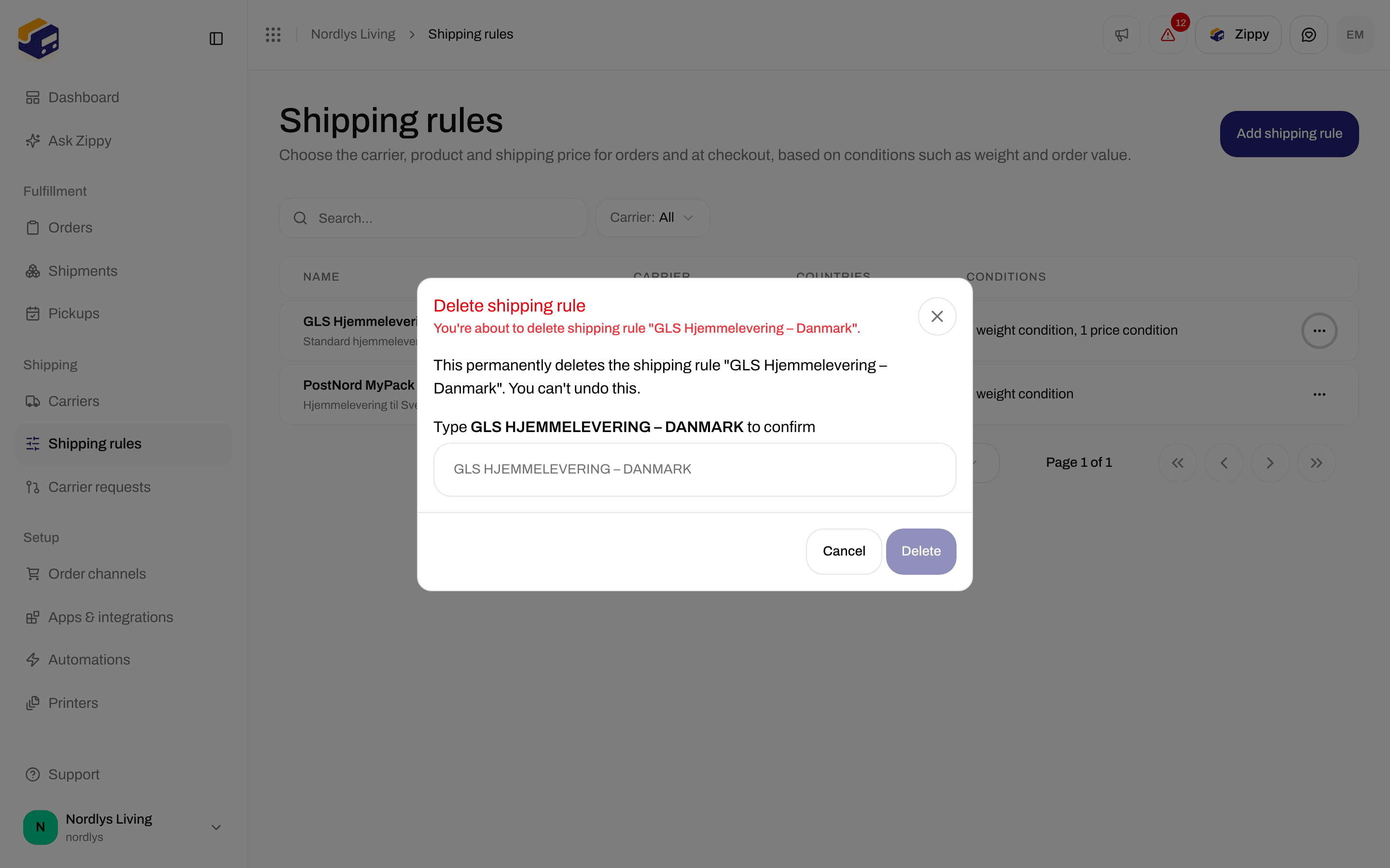 Delete shipping rule window asking you to type GLS HJEMMELEVERING – DANMARK to confirm