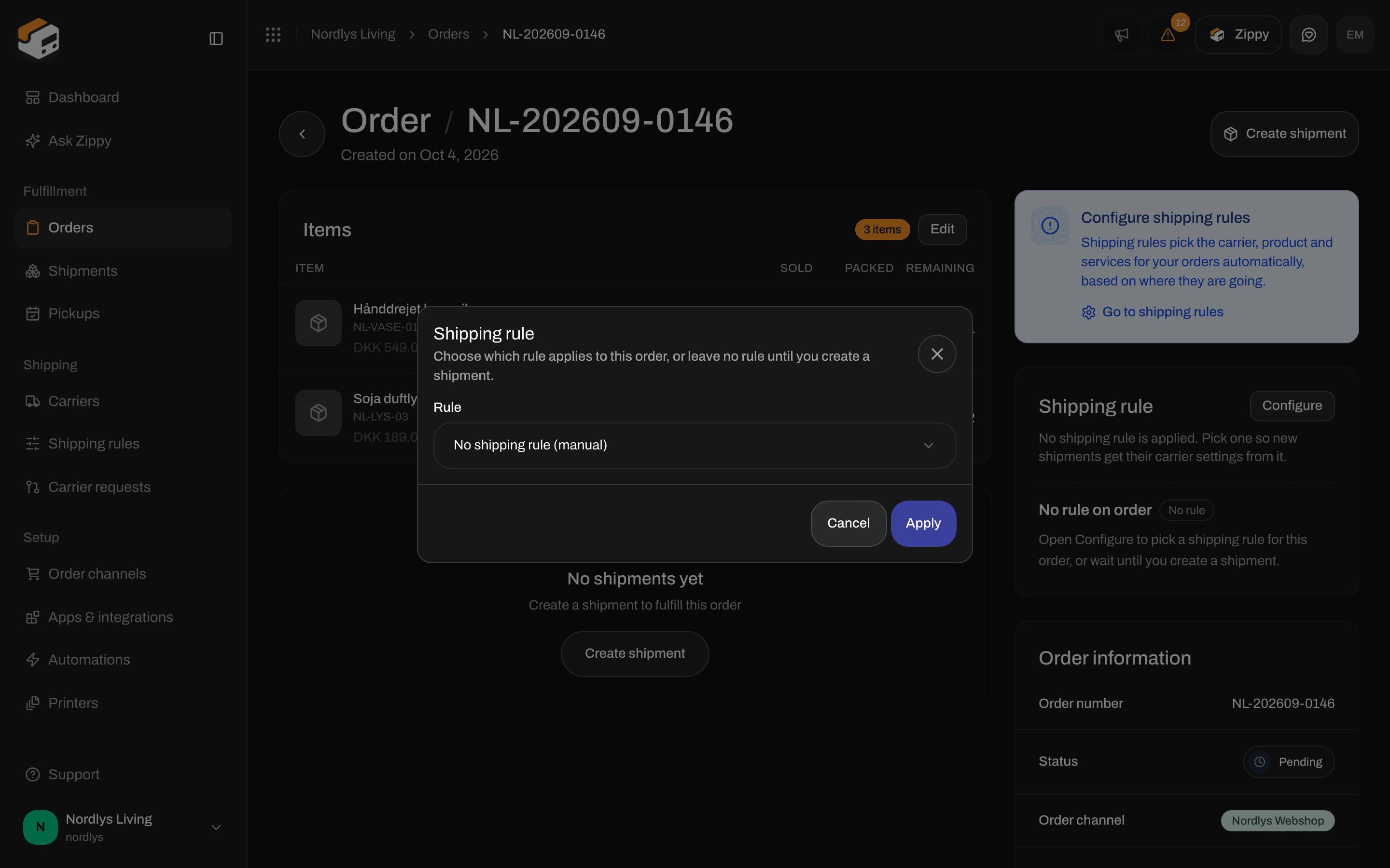 Shipping rule window on an order with the rule list set to No shipping rule (manual)