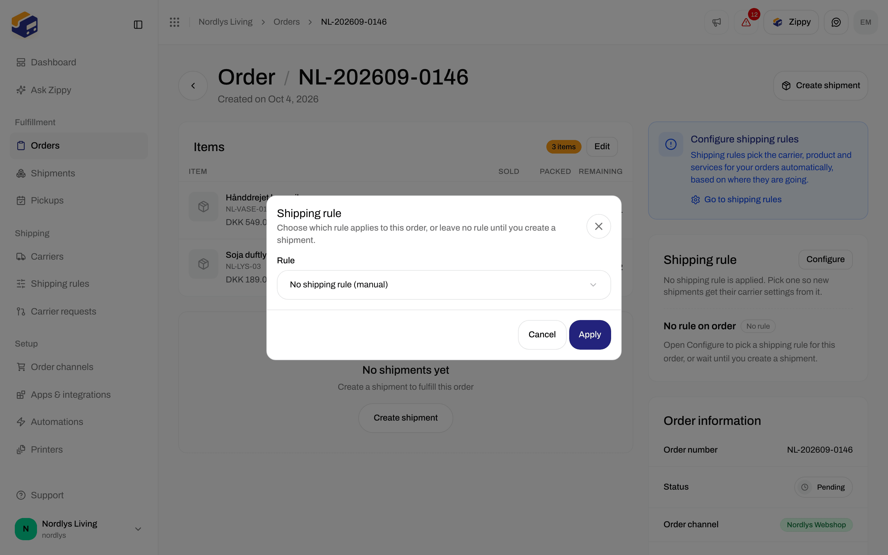 Shipping rule window on an order with the rule list set to No shipping rule (manual)