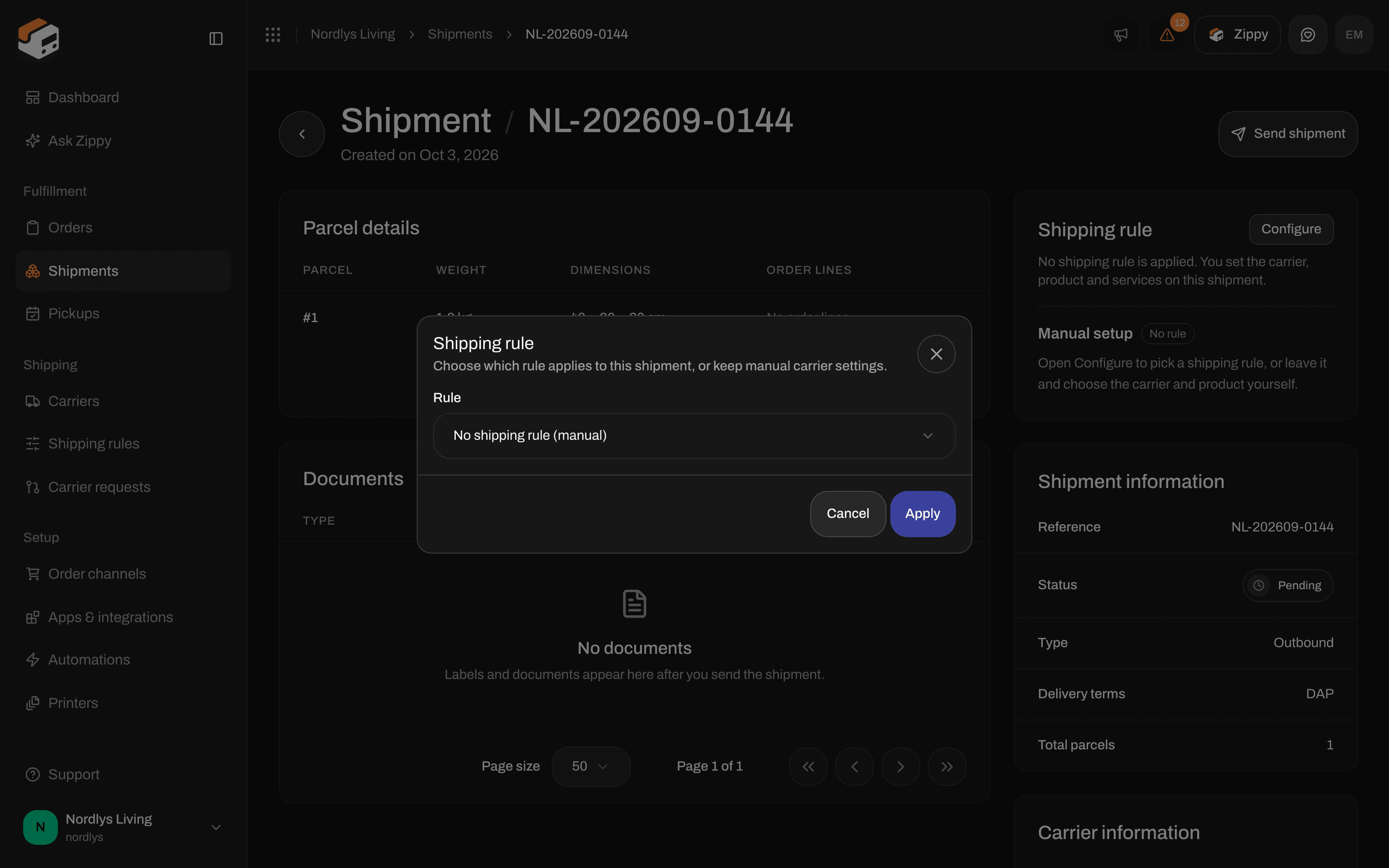 Shipping rule window on a shipment with Apply and a rule list