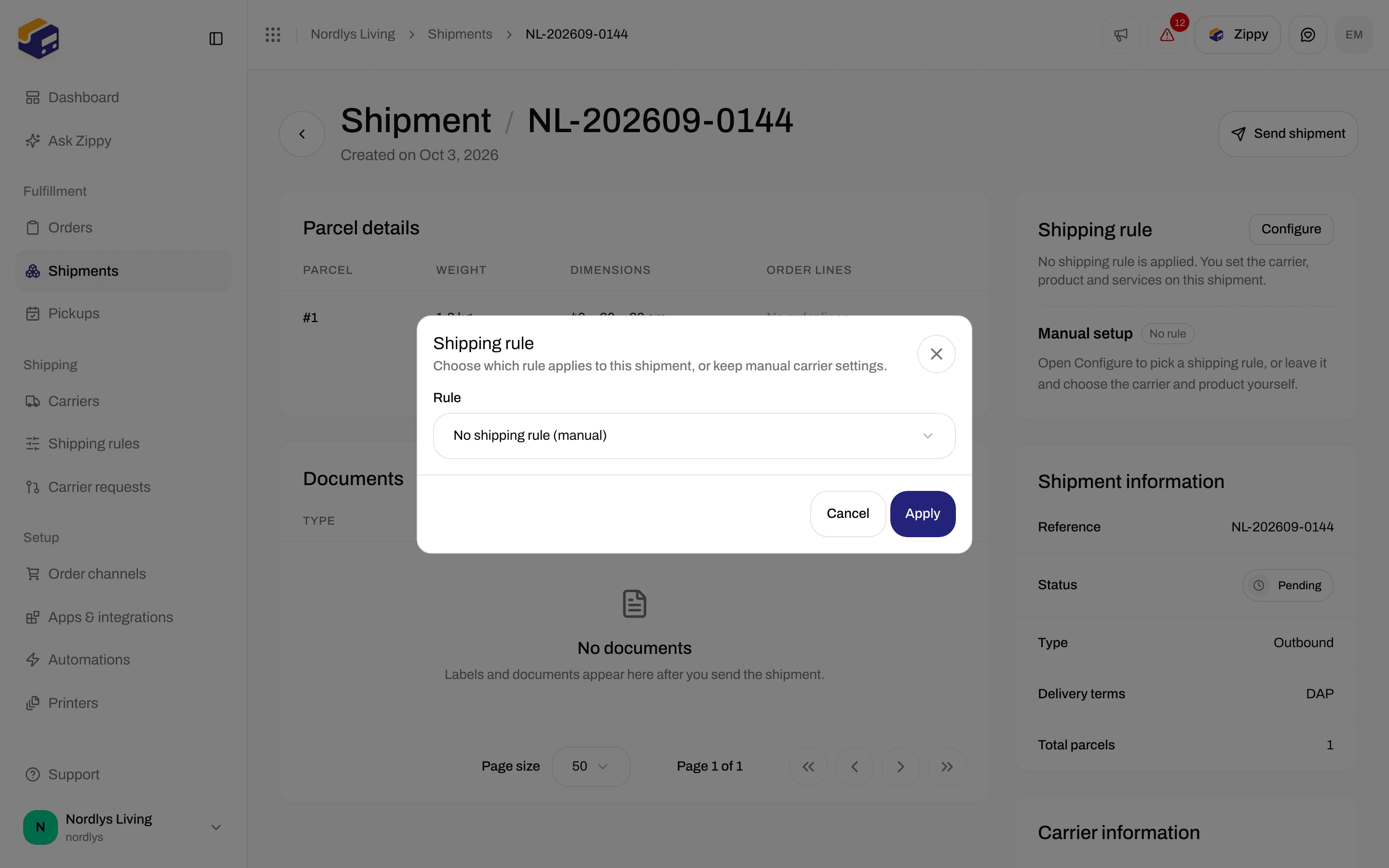 Shipping rule window on a shipment with Apply and a rule list