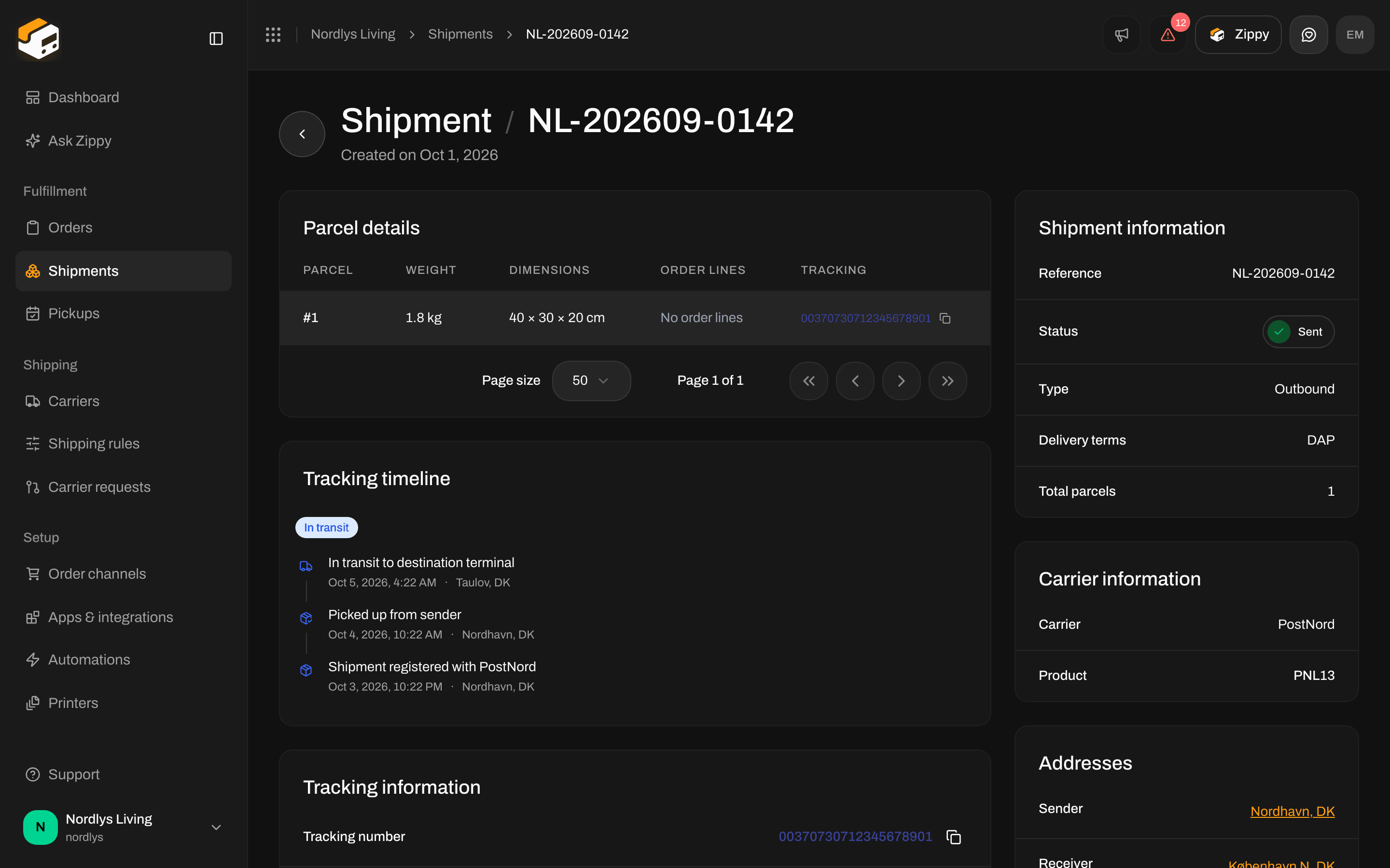 Shipment overview with a tracking number in the Tracking column of the parcel table