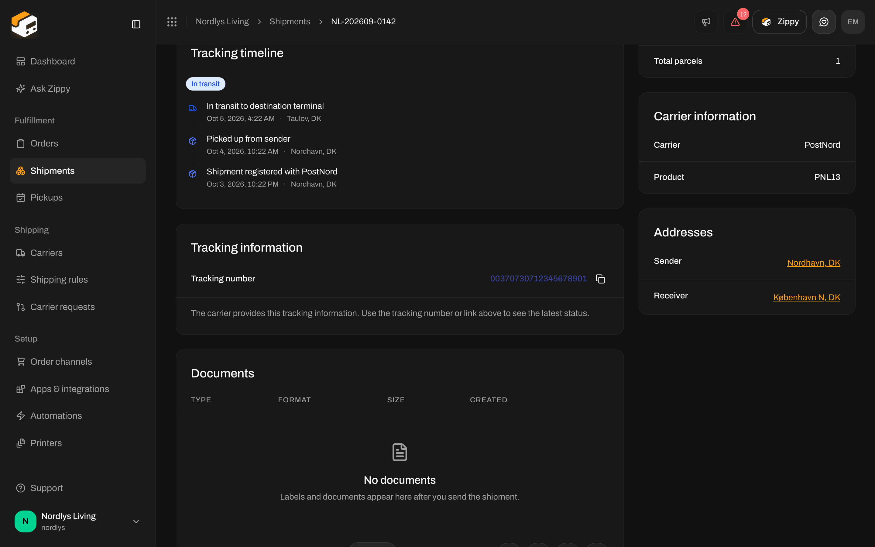 Shipment tracking sections with an In transit status, the list of scans, and the tracking number