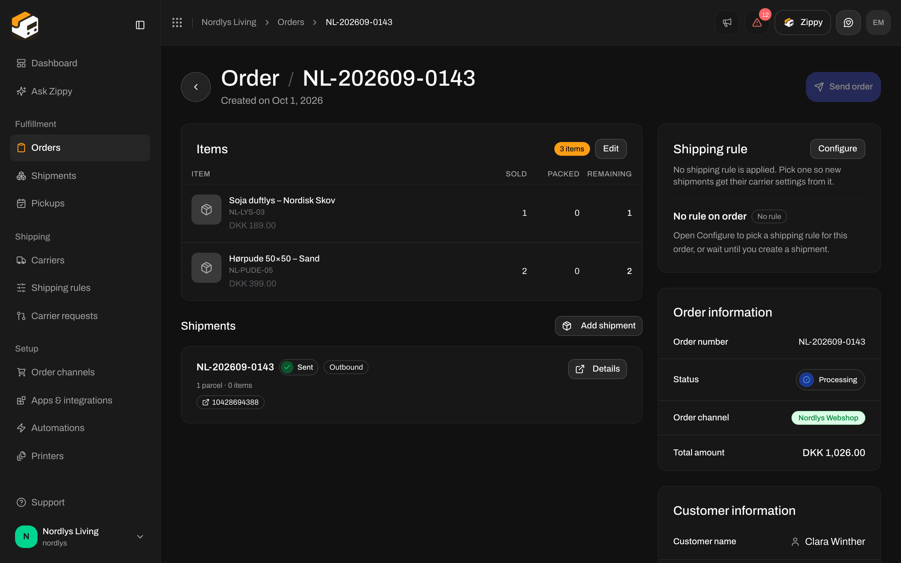 Order Shipments section with a sent shipment card and its tracking number