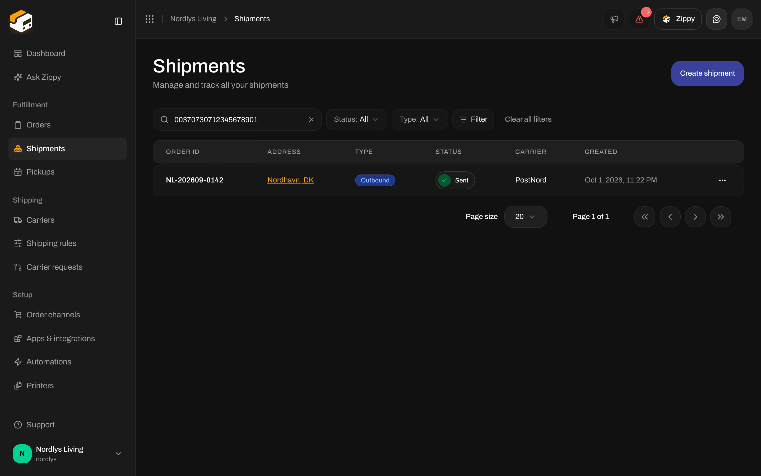 Shipments list showing the shipment that matches a tracking number