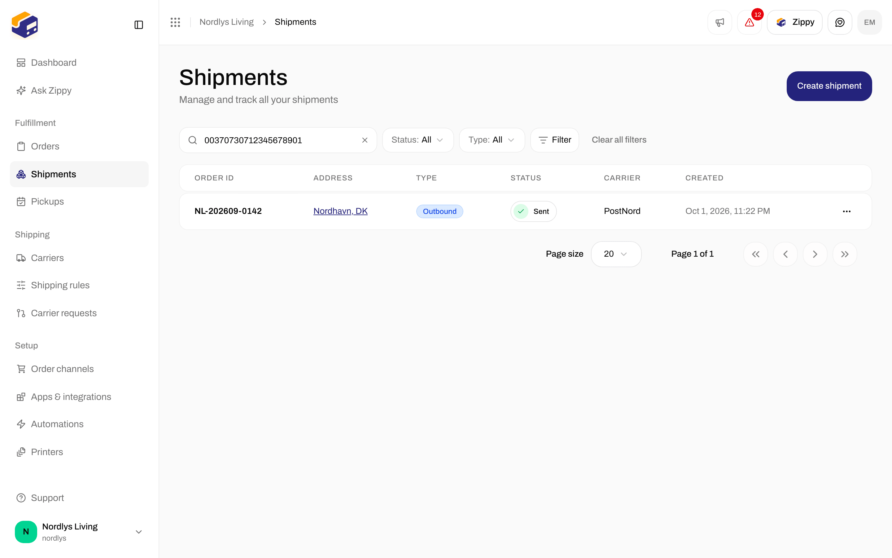 Shipments list showing the shipment that matches a tracking number