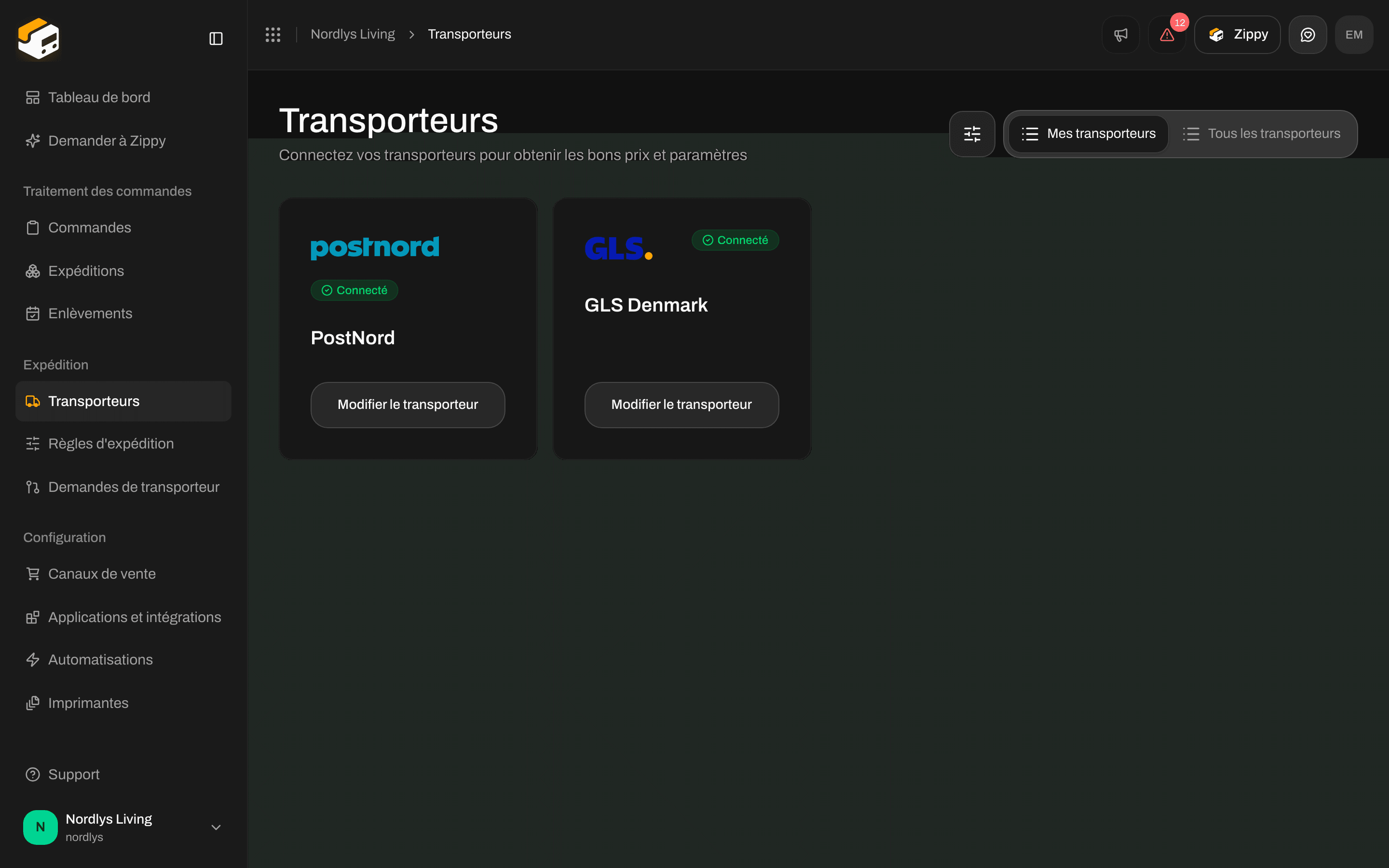 Onglet Mes transporteurs avec PostNord et GLS Denmark, tous deux Connecté
