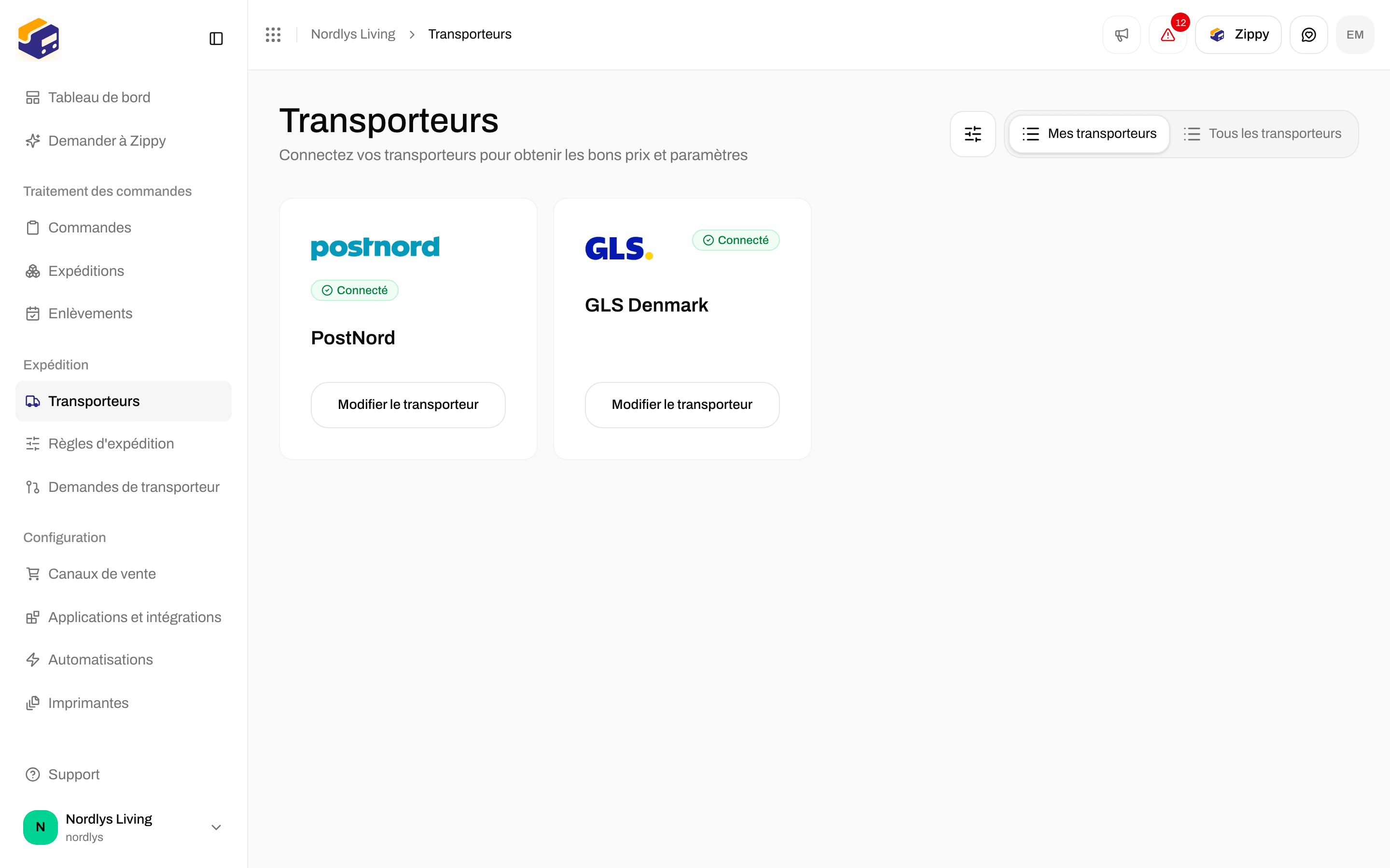 Onglet Mes transporteurs avec PostNord et GLS Denmark, tous deux Connecté