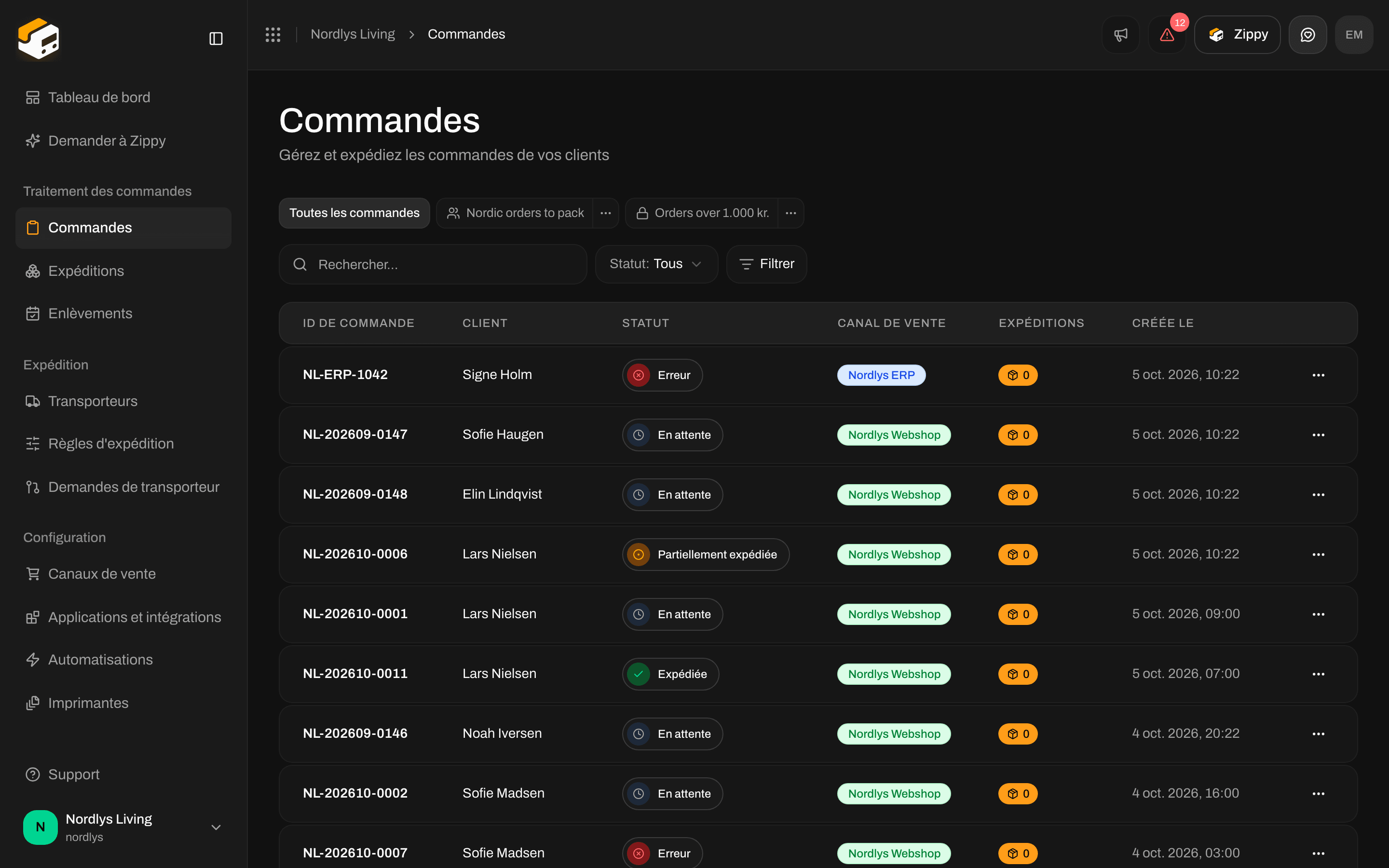 Liste Toutes les commandes avec des lignes aux statuts Expédiées, En attente, En traitement et Annulée