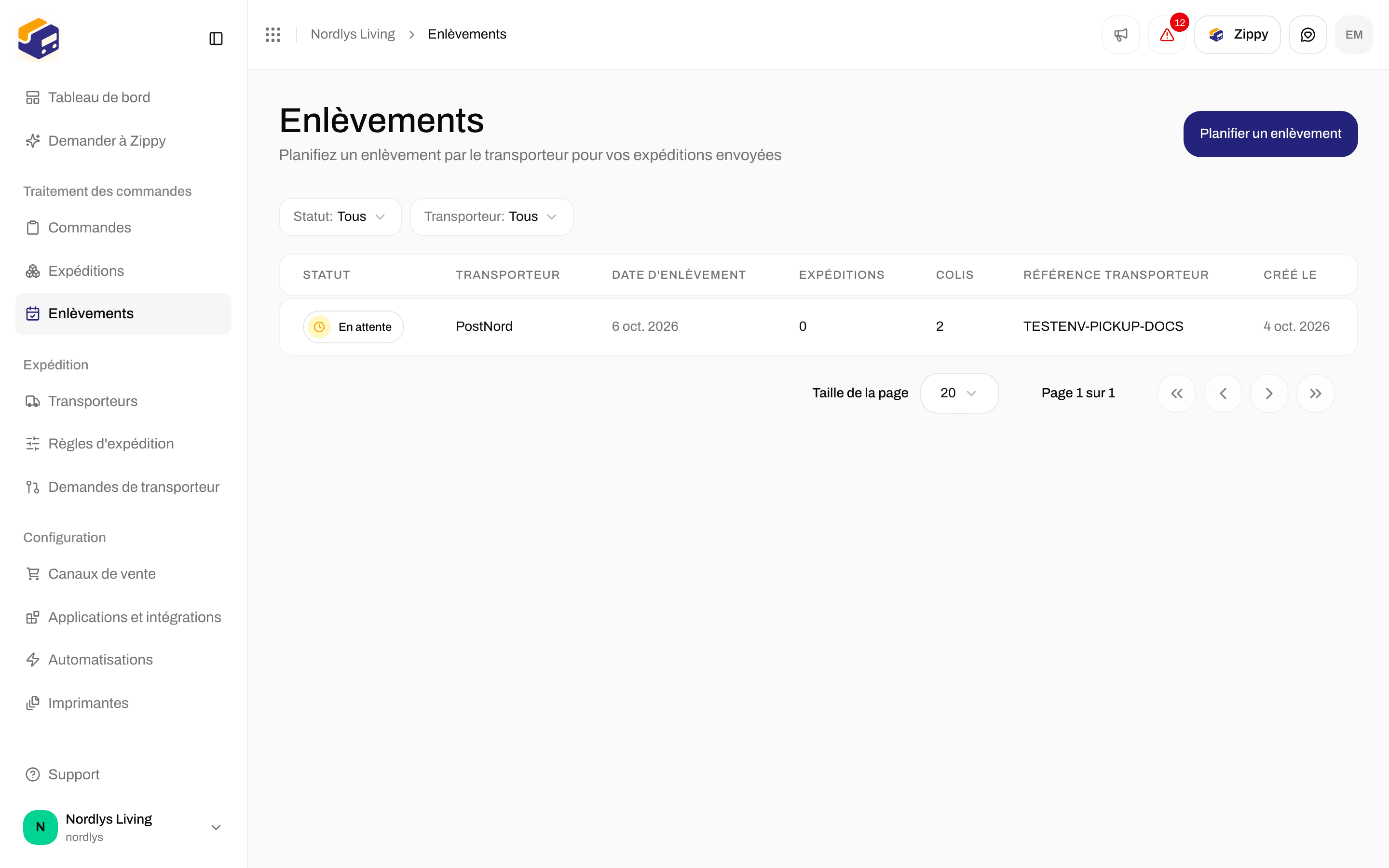 Page Enlèvements indiquant Aucun enlèvement planifié, avec Planifier un enlèvement
