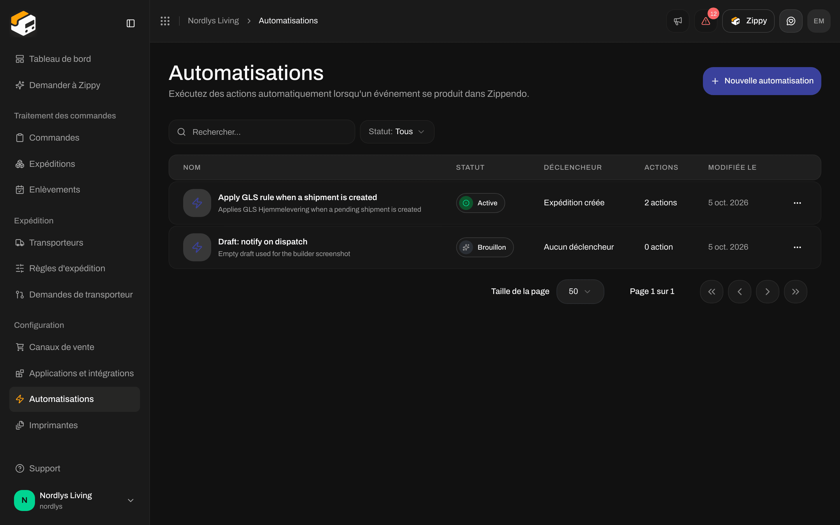 Page Automatisations indiquant Aucune automatisation pour le moment, avec Créer une automatisation