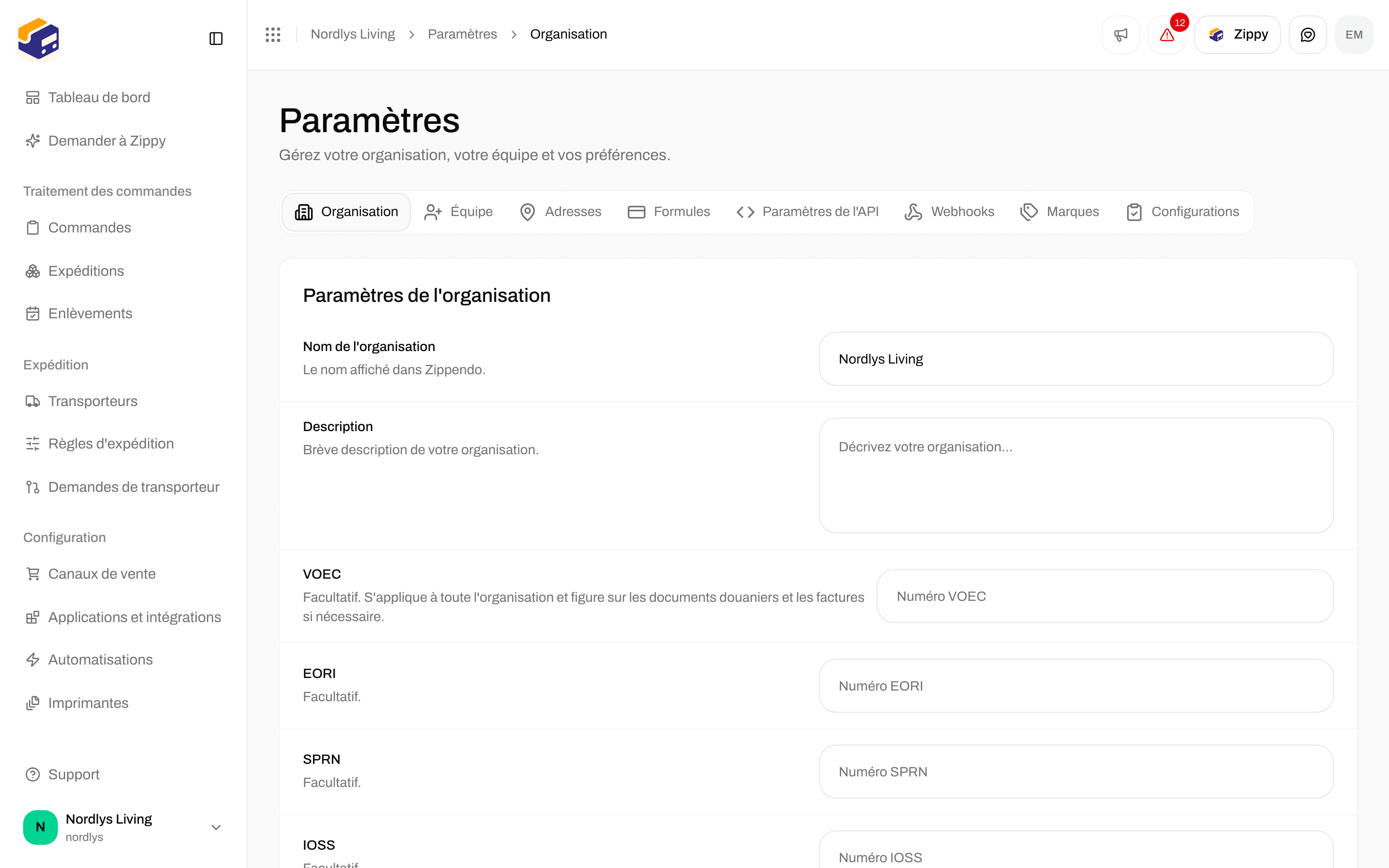Paramètres de l'organisation avec le nom de l'organisation et les champs des numéros de douane