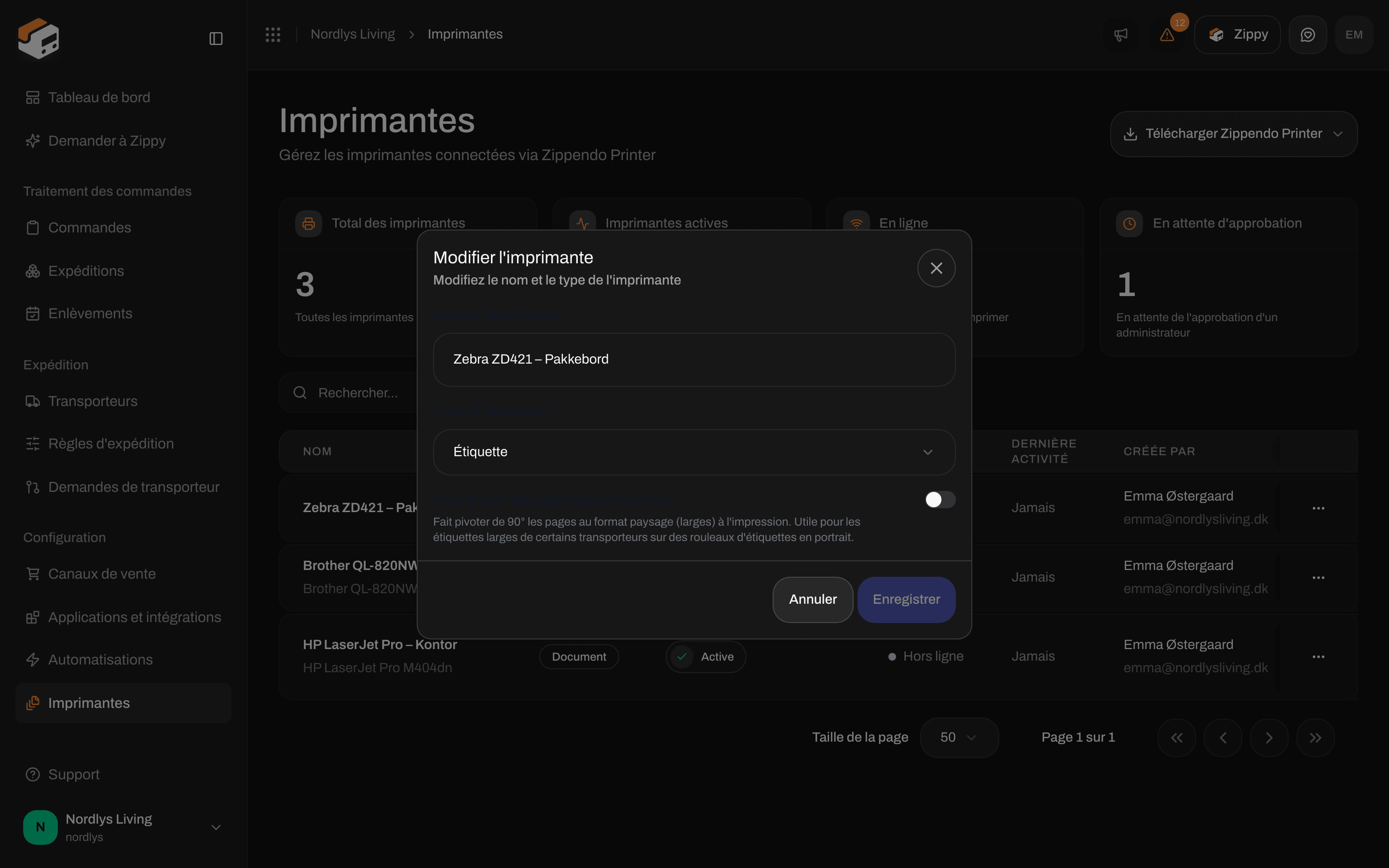 Fenêtre Modifier l'imprimante avec l'interrupteur Faire pivoter les pages larges en portrait