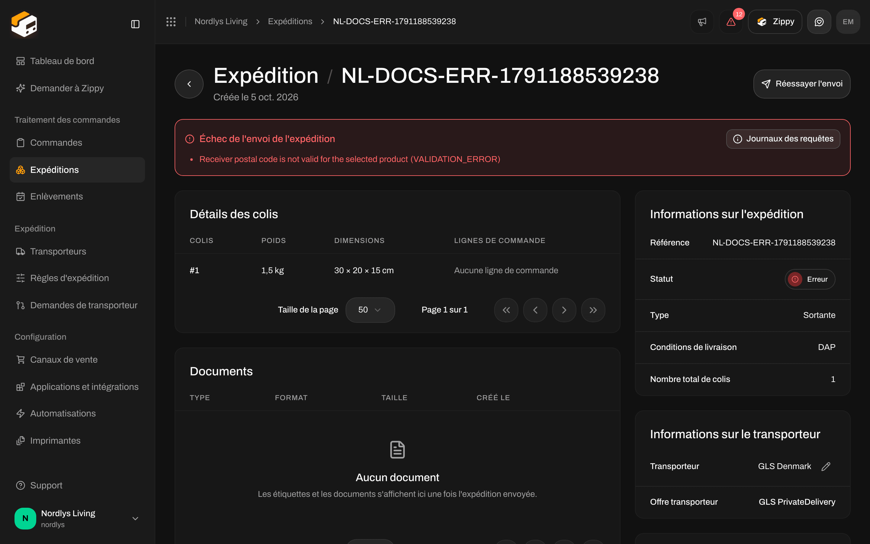 Encadré Échec de l'envoi de l'expédition avec Réessayer l'envoi en haut