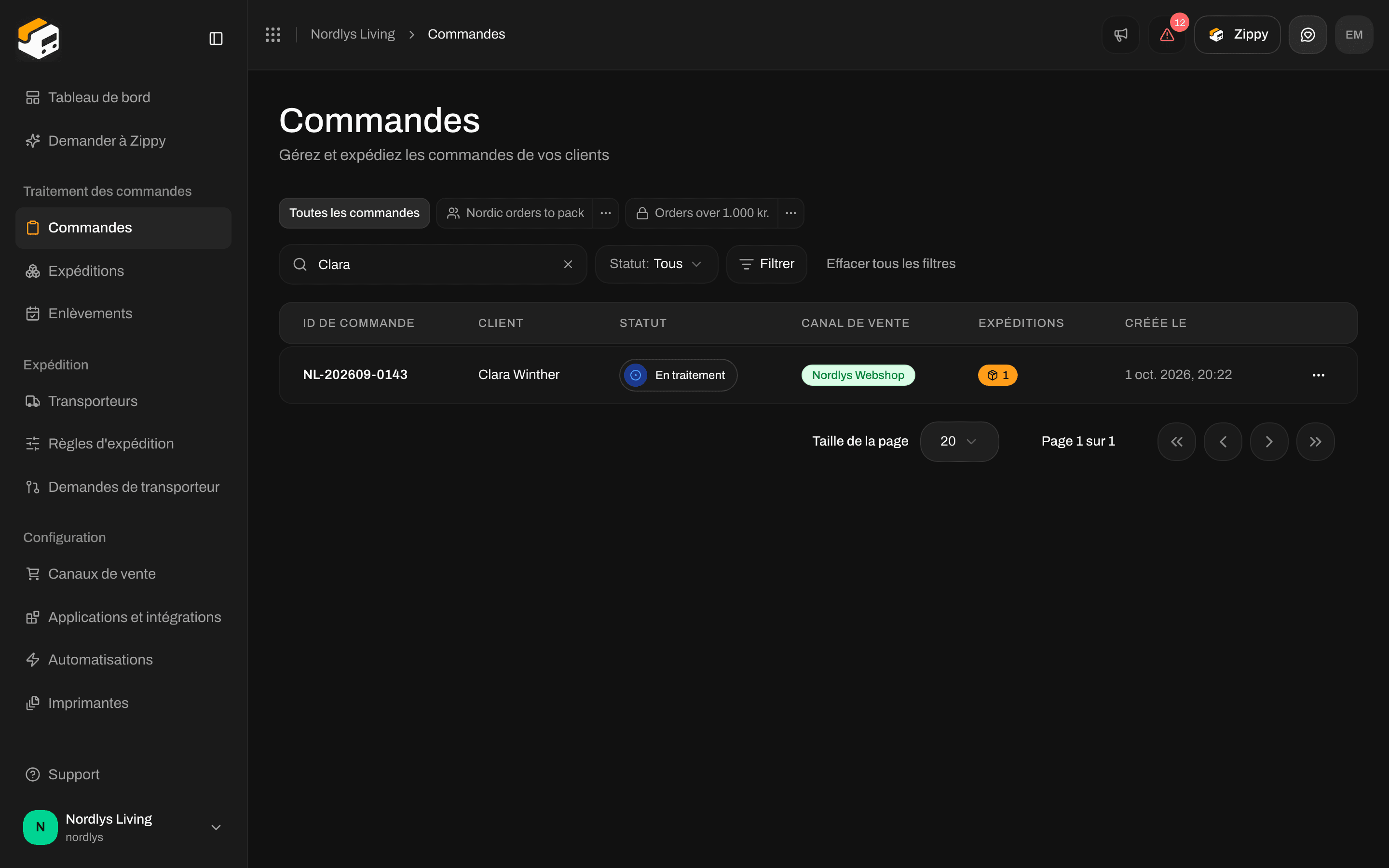 Liste des commandes réduite par une recherche à une commande En traitement avec une expédition