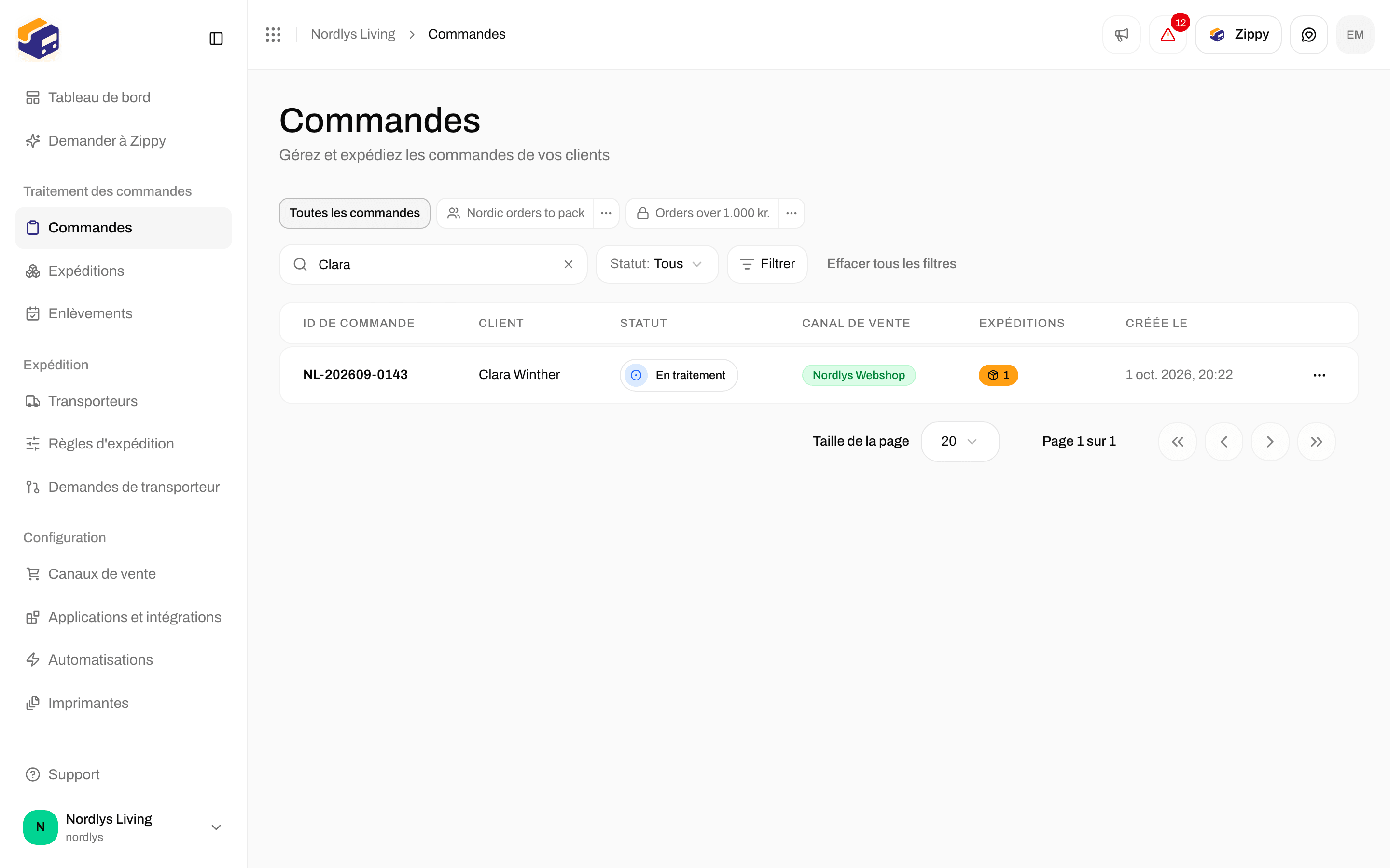 Liste des commandes réduite par une recherche à une commande En traitement avec une expédition