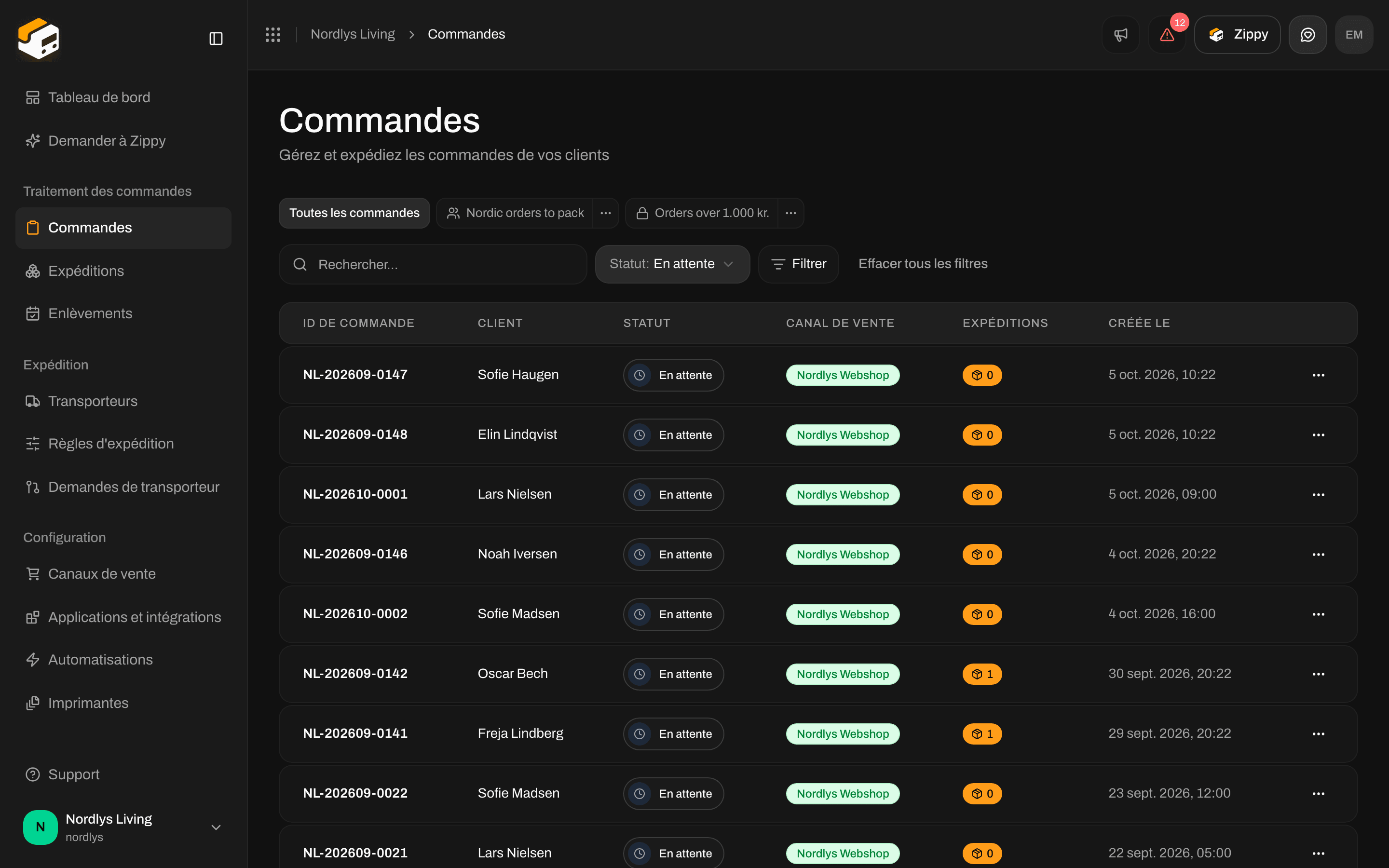 Liste des commandes n'affichant que les commandes En attente
