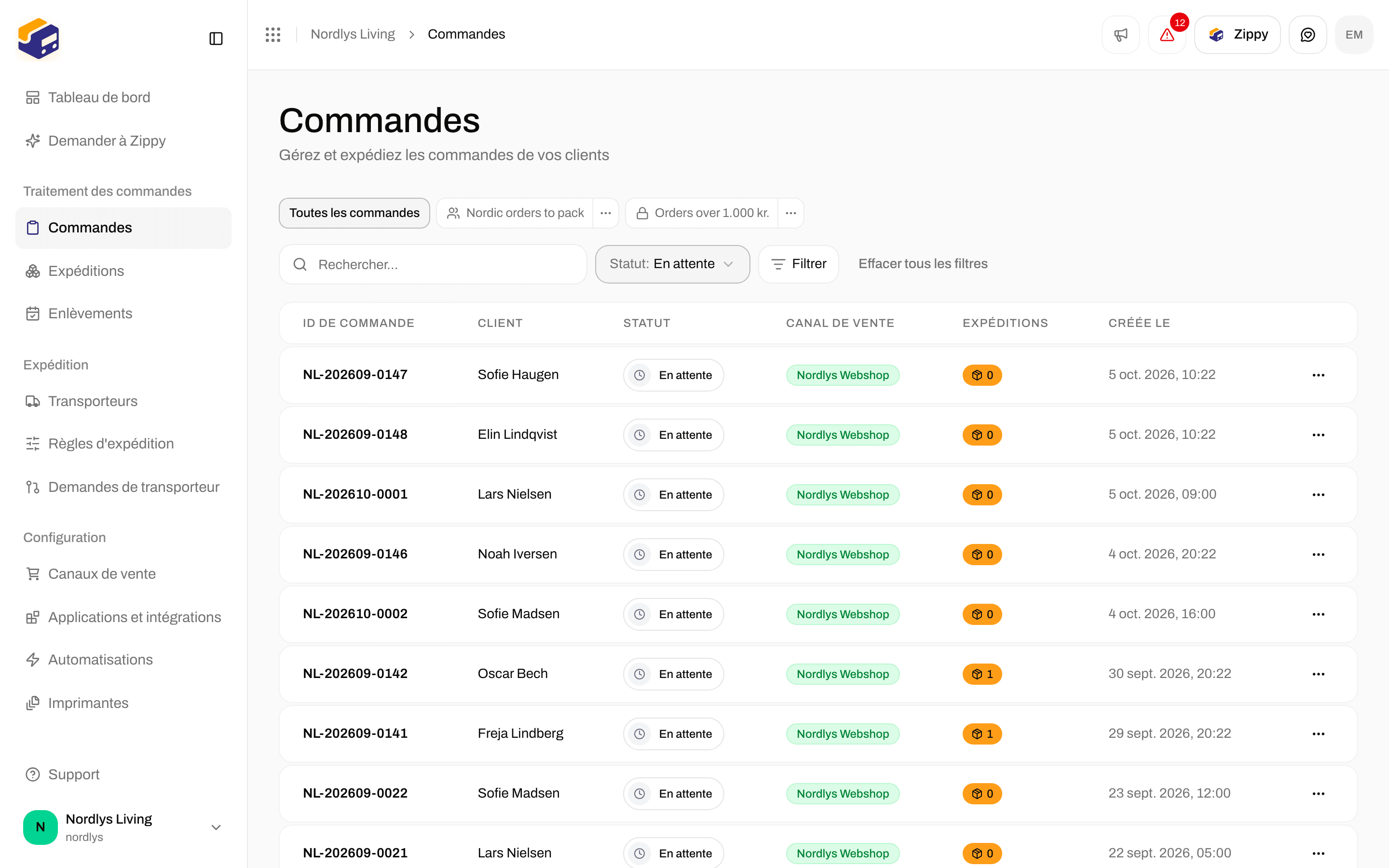Liste des commandes n'affichant que les commandes En attente
