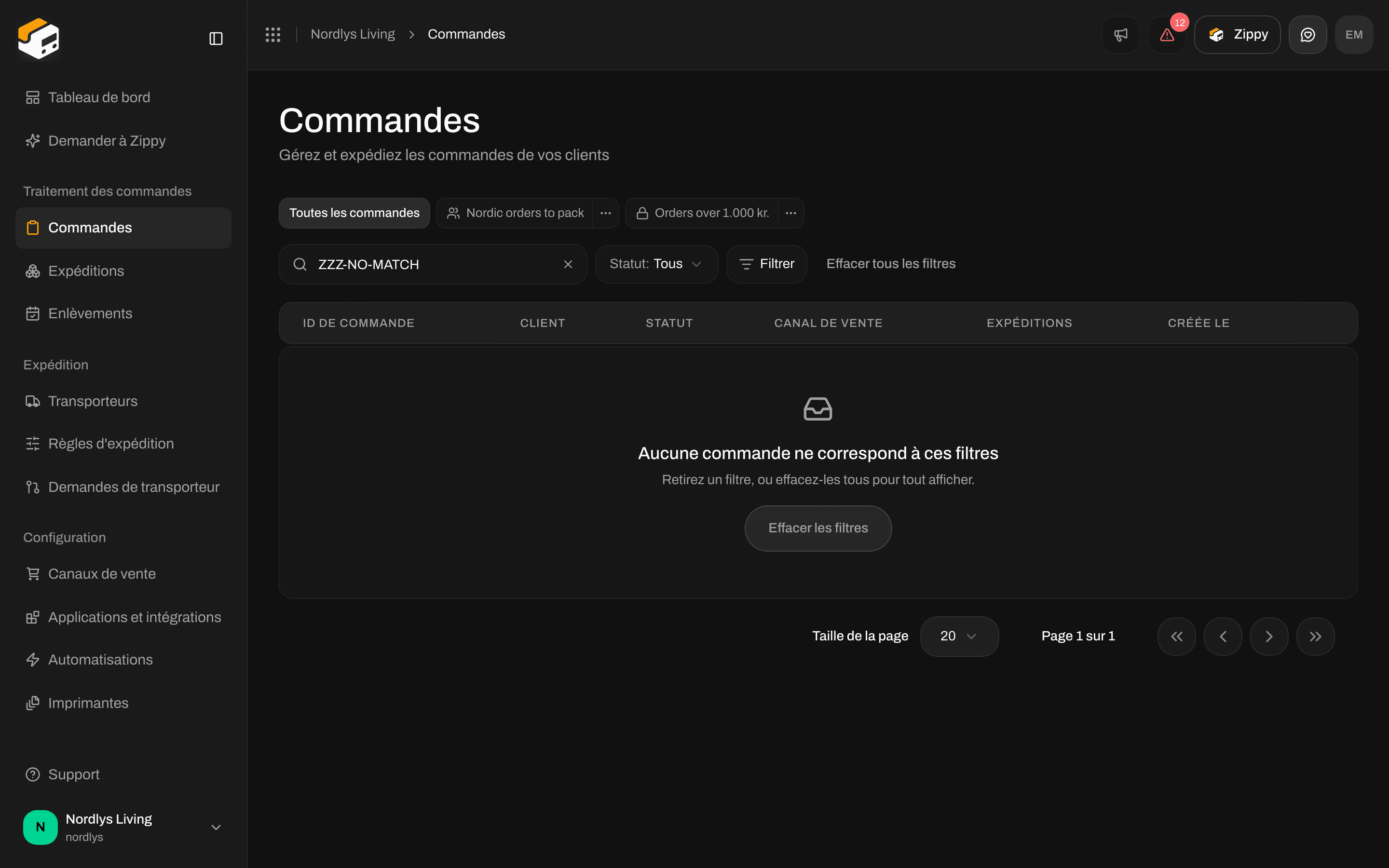 Tableau des commandes vide avec Aucune commande ne correspond à ces filtres et un bouton Effacer les filtres