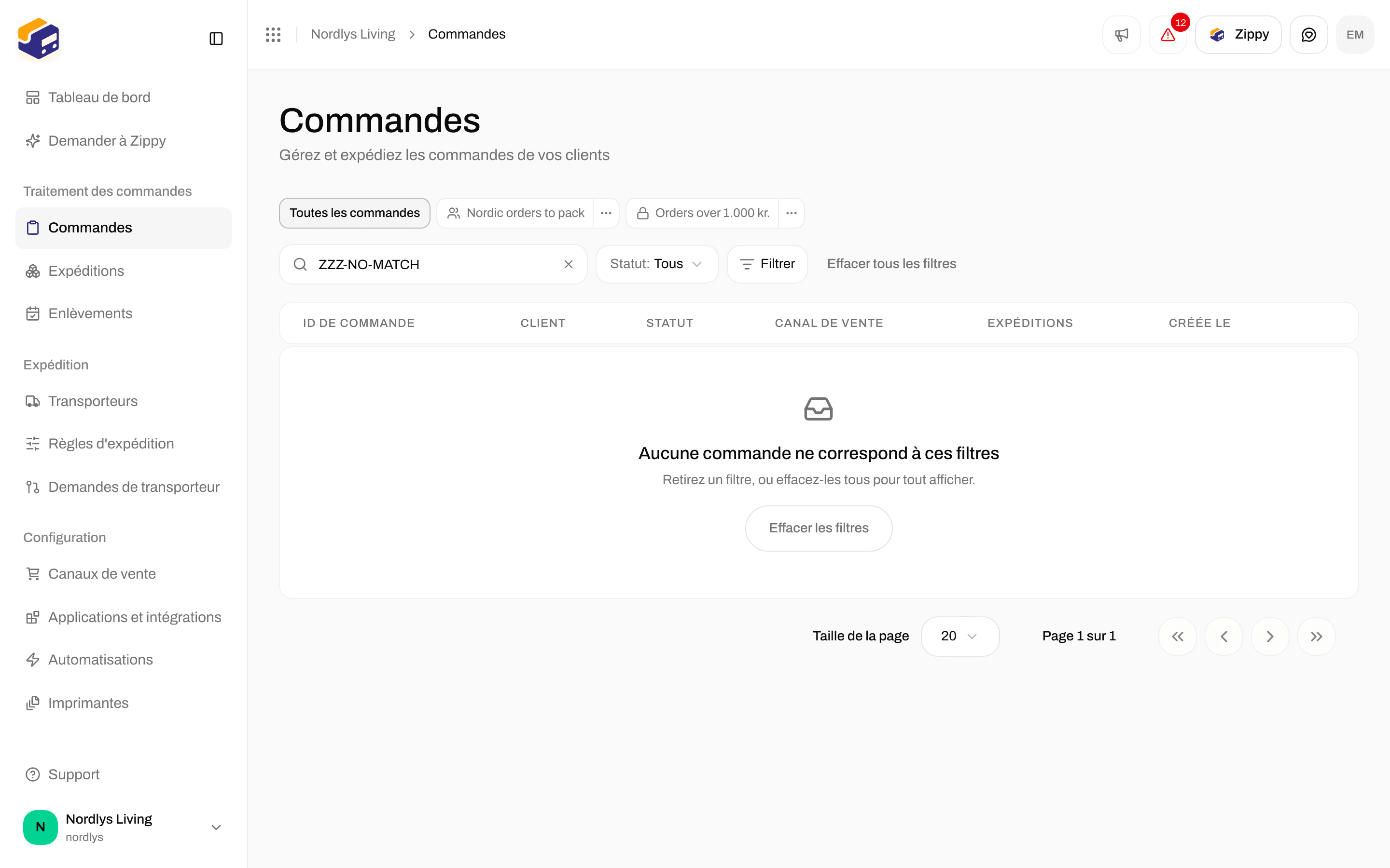Tableau des commandes vide avec Aucune commande ne correspond à ces filtres et un bouton Effacer les filtres