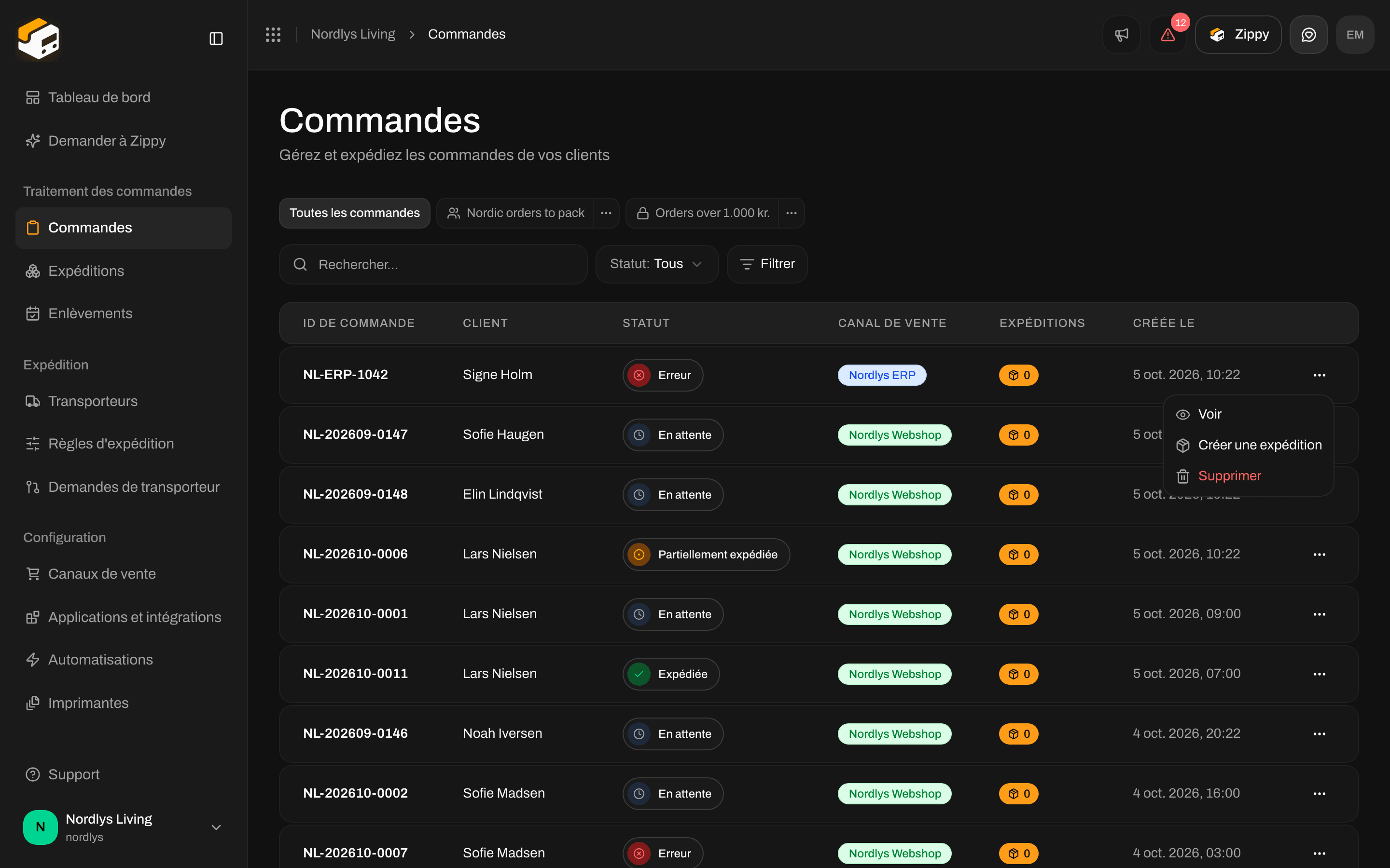 Menu de ligne d'une commande affichant Voir et Supprimer