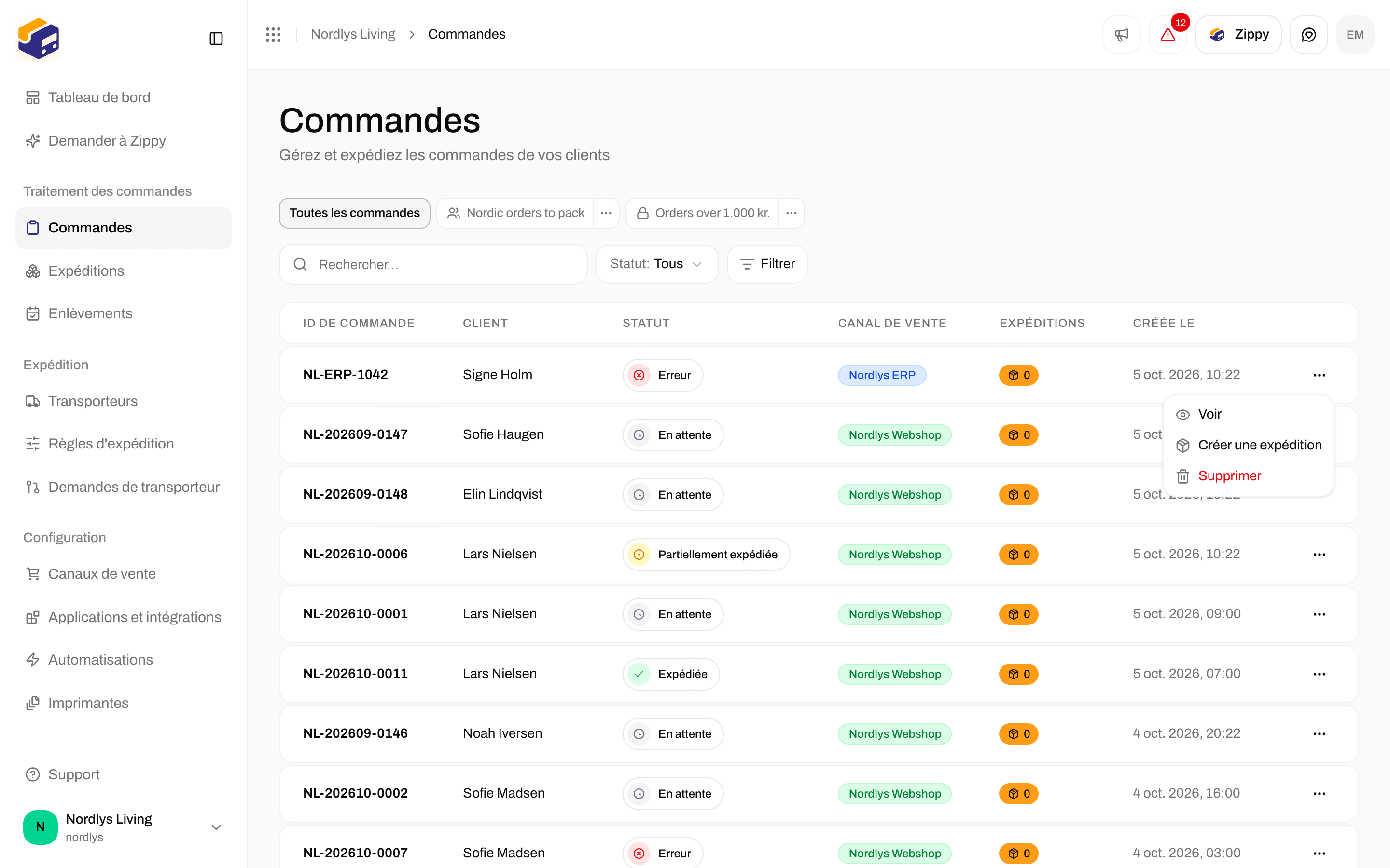 Menu de ligne d'une commande affichant Voir et Supprimer