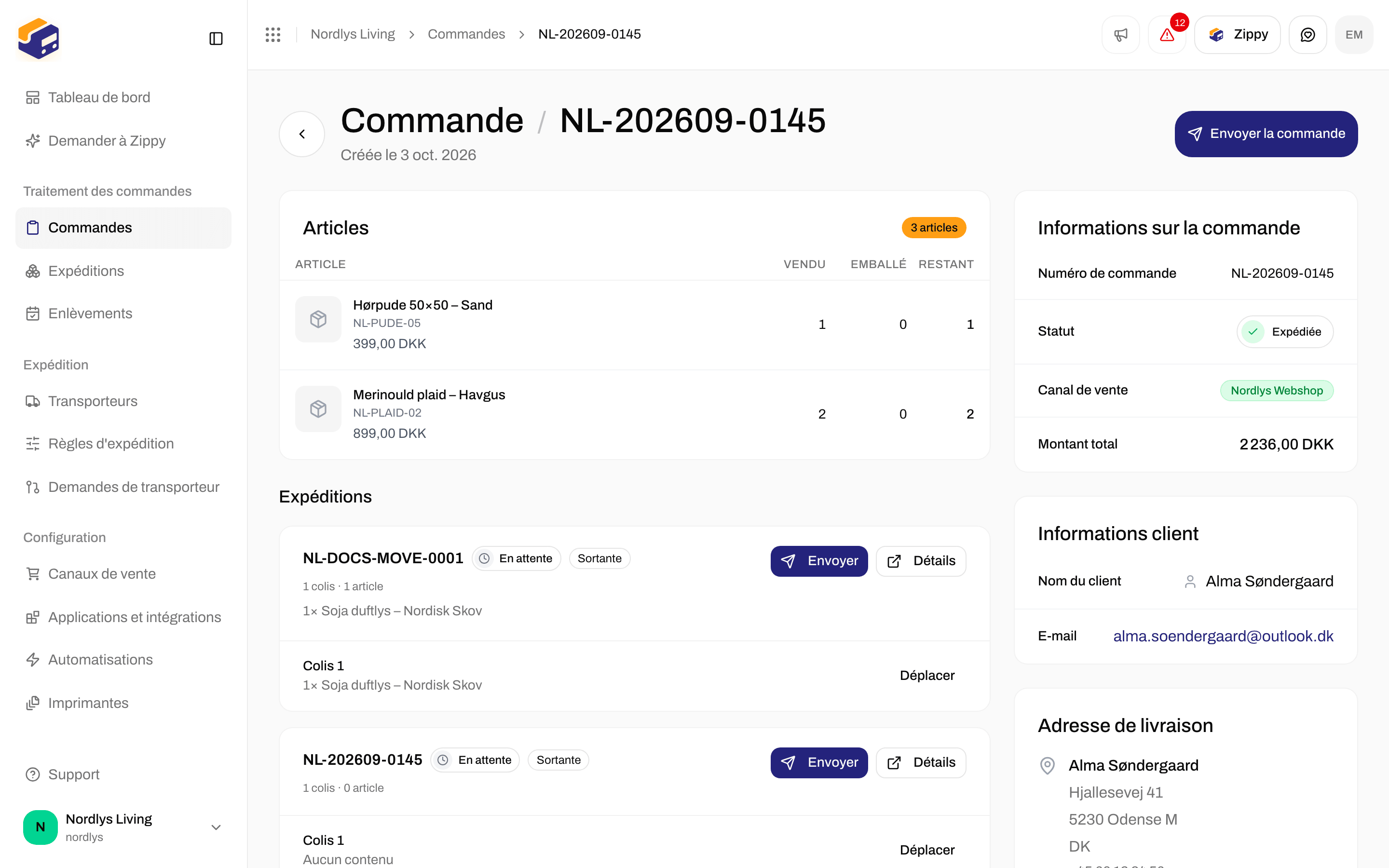 Commande expédiée avec les informations client et l'adresse de livraison