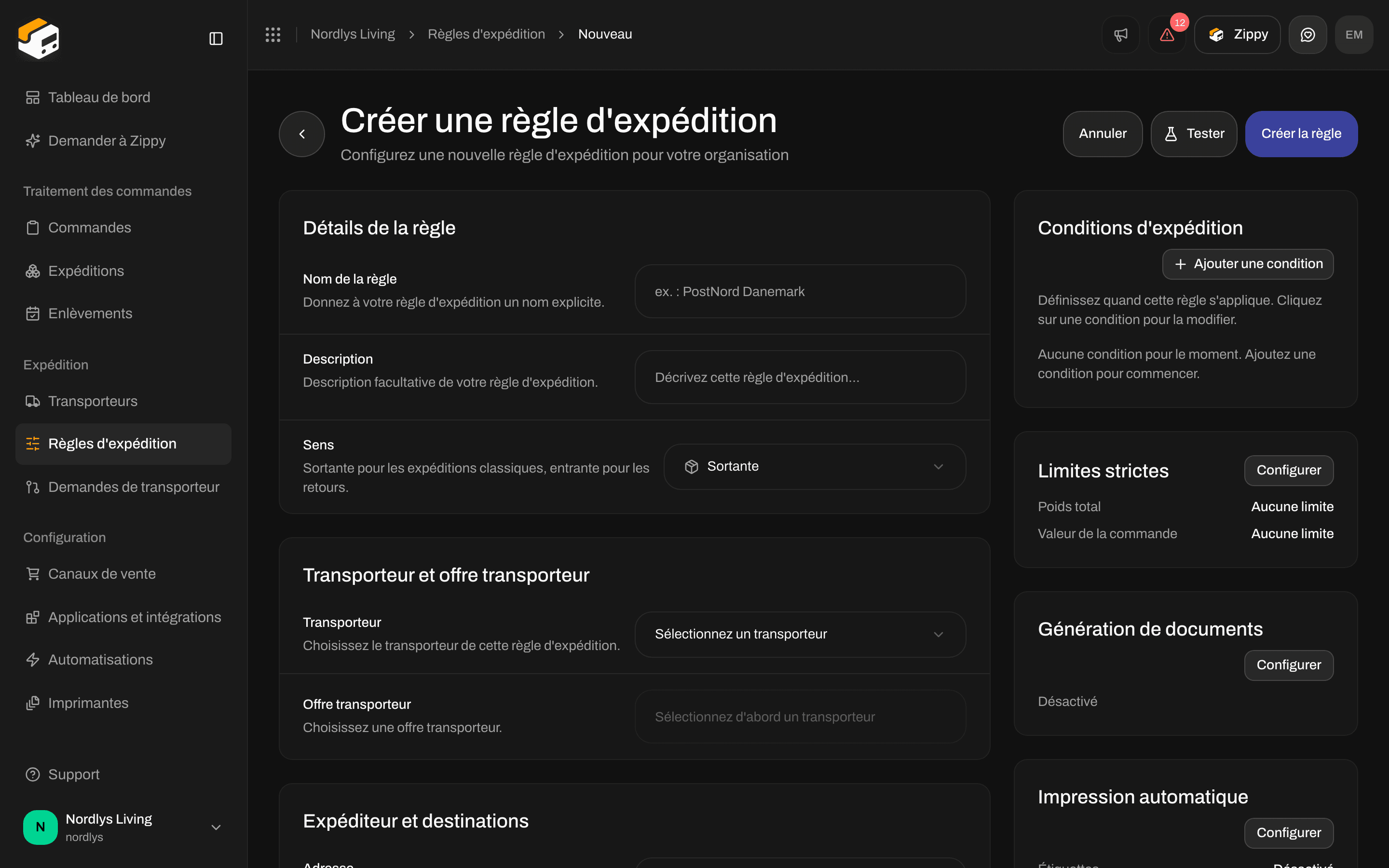 Formulaire Créer une règle d'expédition avec Sens défini sur Sortante et la description qui explique l'option entrante pour les retours
