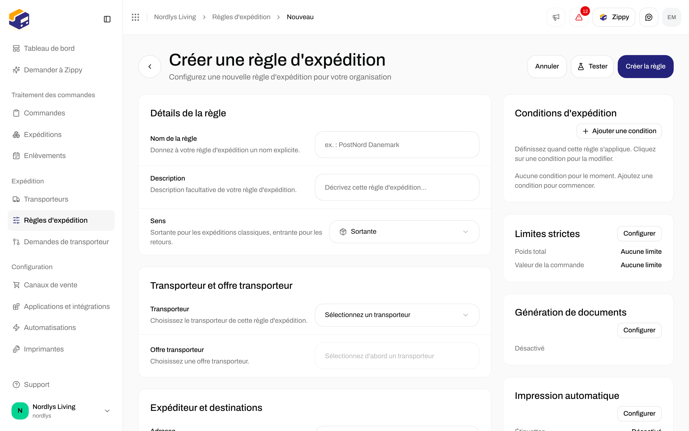 Formulaire Créer une règle d'expédition avec Sens défini sur Sortante et la description qui explique l'option entrante pour les retours