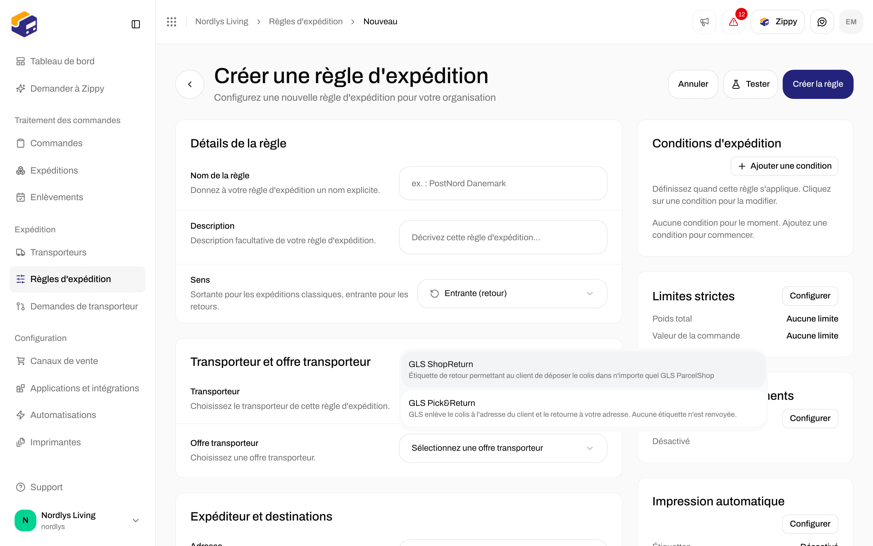 Créer une règle d'expédition avec Sens Entrante (retour), GLS Denmark, et GLS ShopReturn et GLS Pick&Return dans la liste des offres transporteur