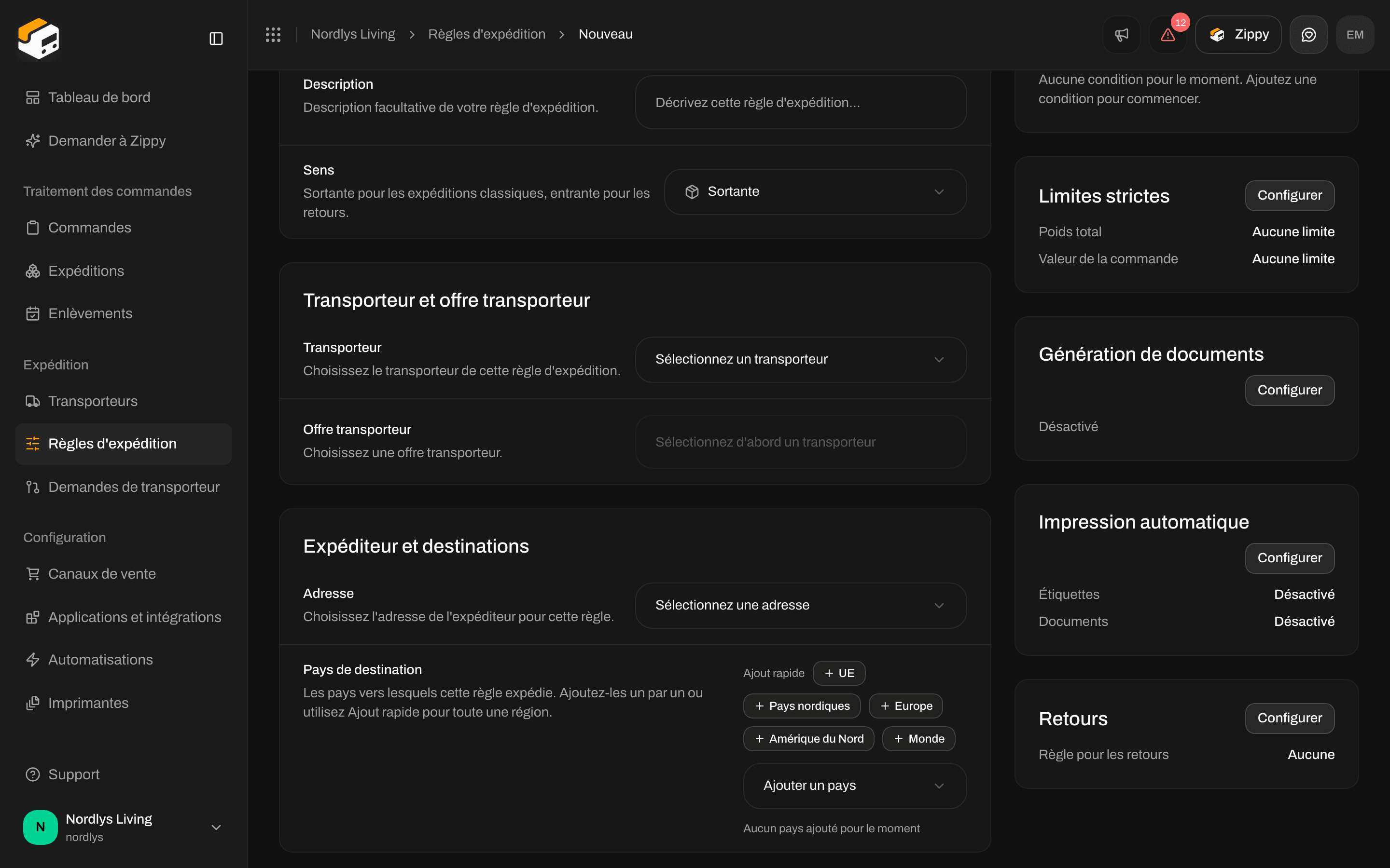 Section Retours avec Règle d'expédition pour les retours définie sur Aucune, sous Impression automatique