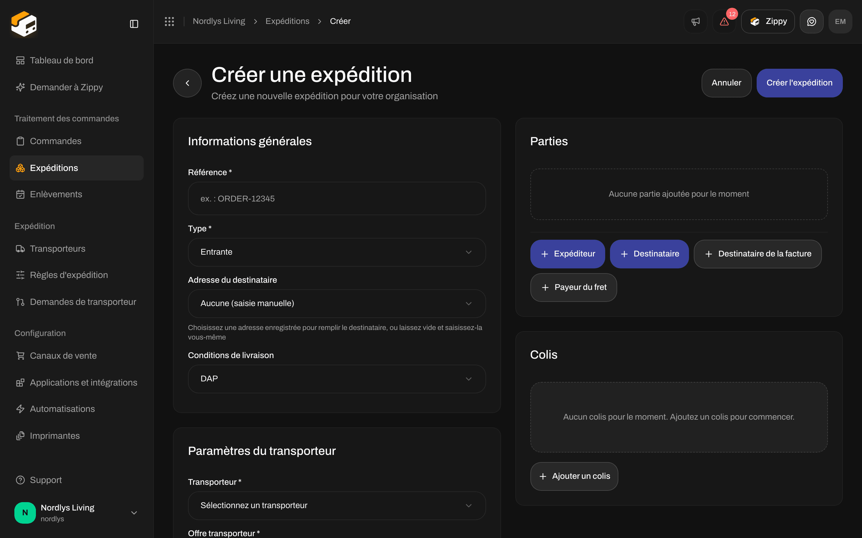 Formulaire Créer une expédition avec Type Entrante et Adresse du destinataire