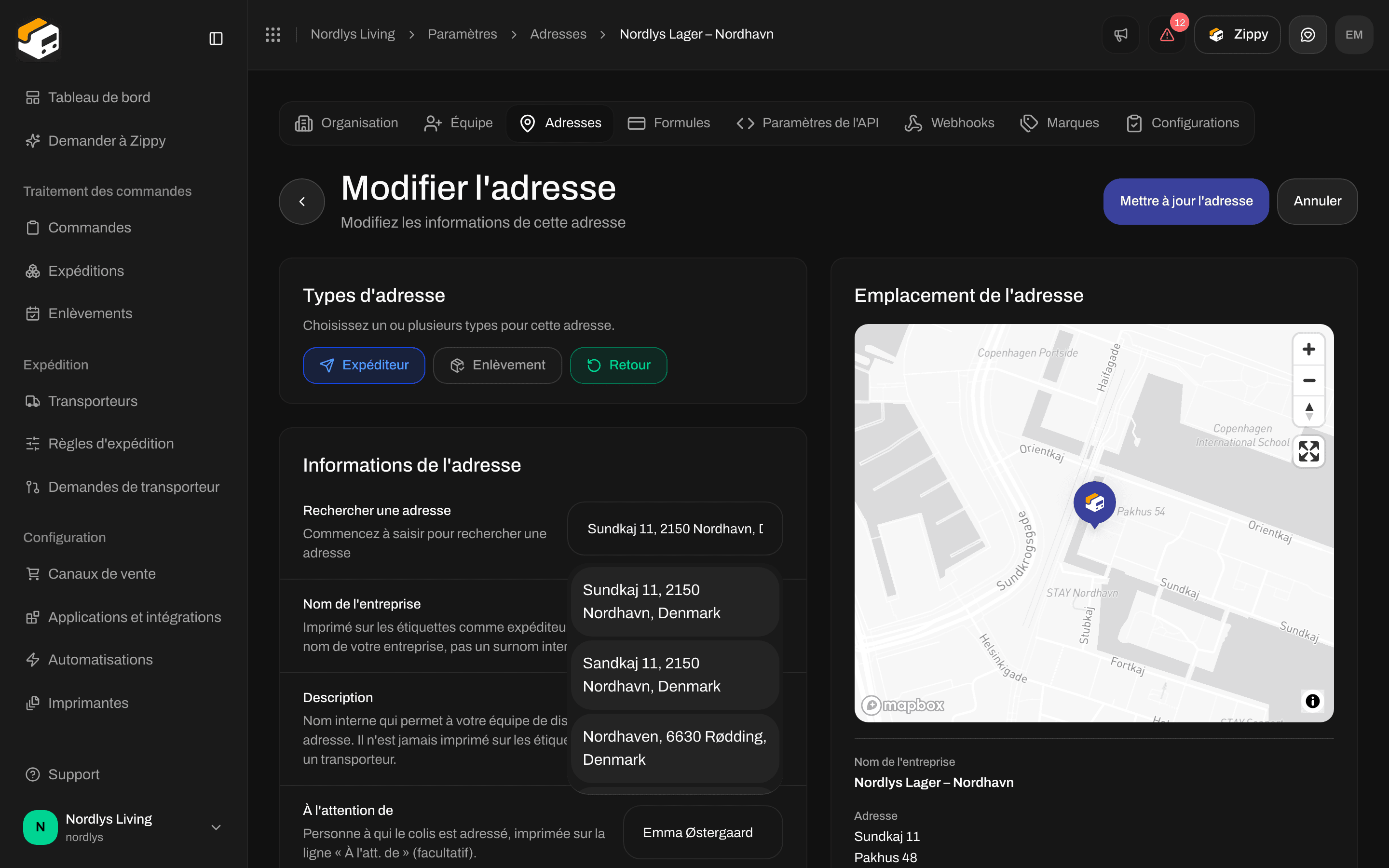 Modifier l'adresse avec les Types d'adresse Expéditeur, Enlèvement et Retour, avec Retour coché