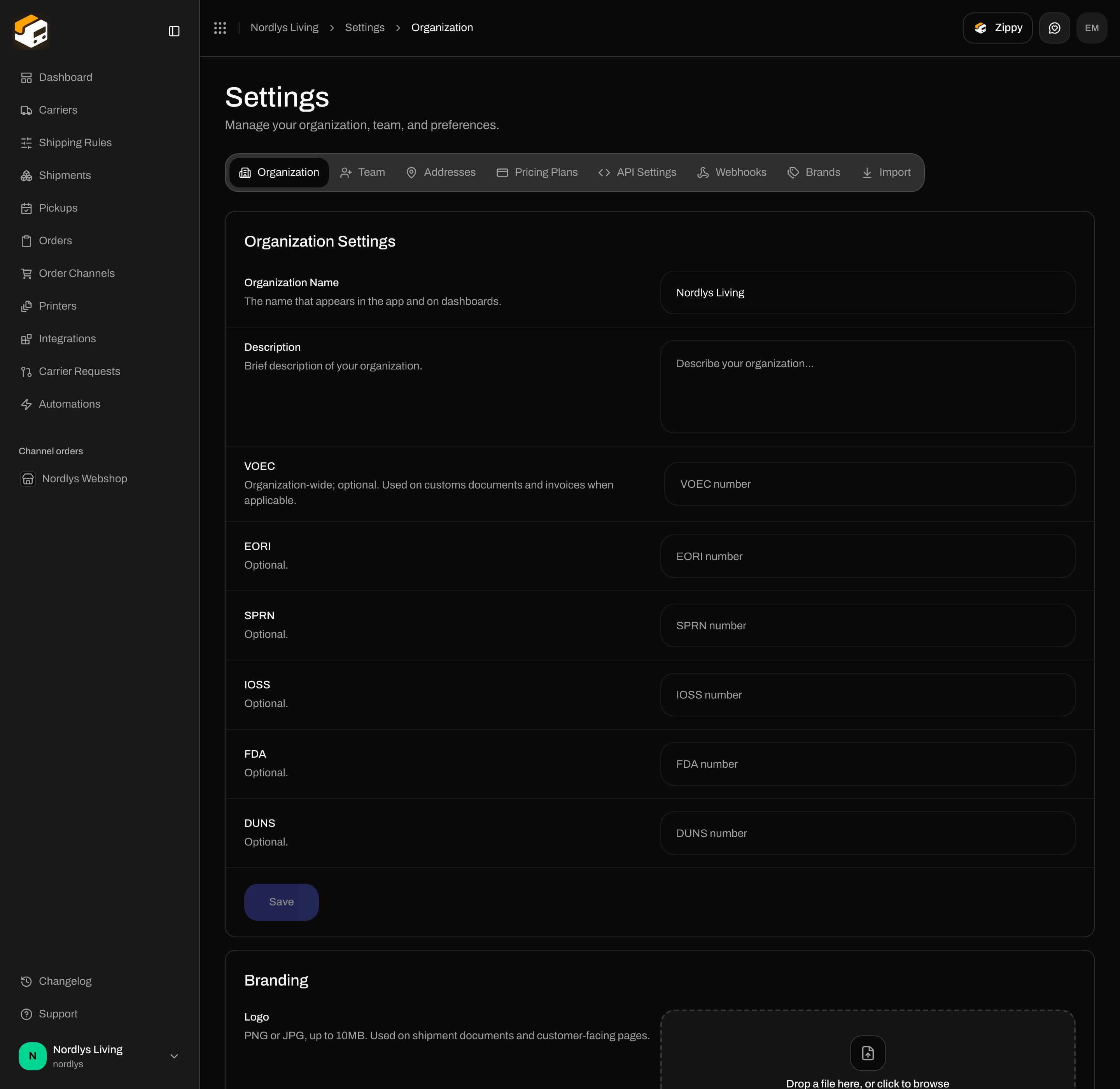 Organization Settings with Organization Name, Description, VOEC, EORI, SPRN, and IOSS