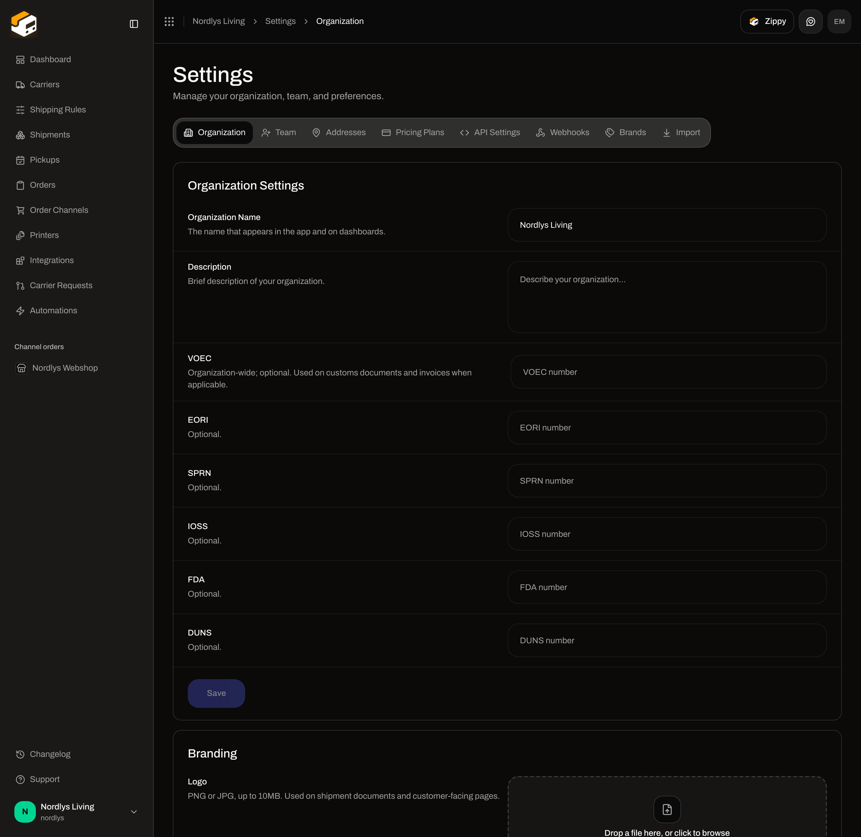 Organization Settings with Organization Name, Description, VOEC, EORI, SPRN, and IOSS