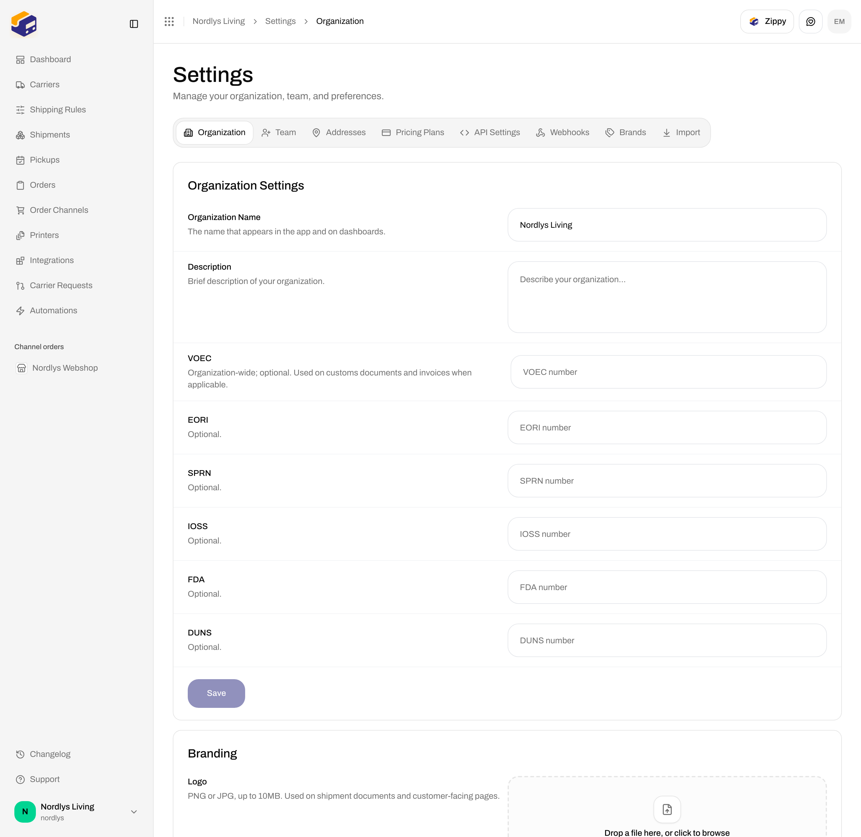 Organization Settings with Organization Name, Description, VOEC, EORI, SPRN, and IOSS