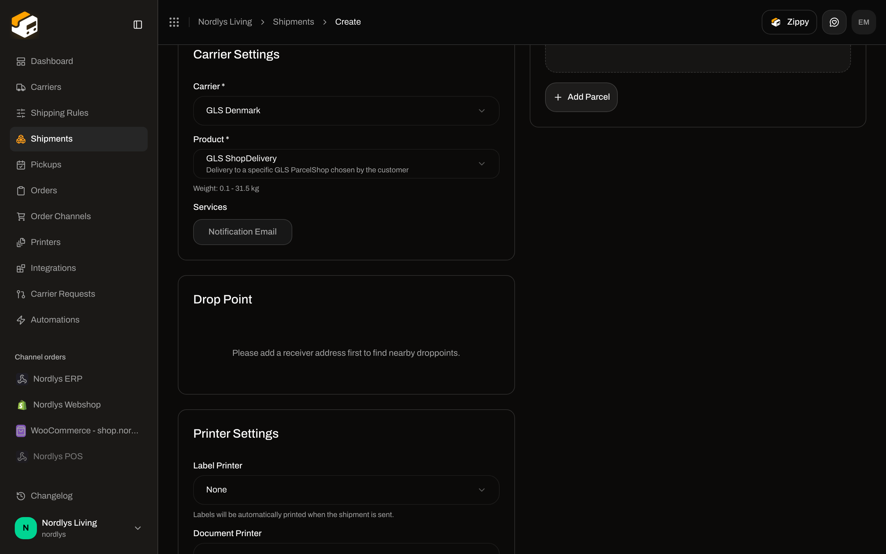 Create Shipment with GLS ShopDelivery selected and Drop Point saying please add a receiver address first