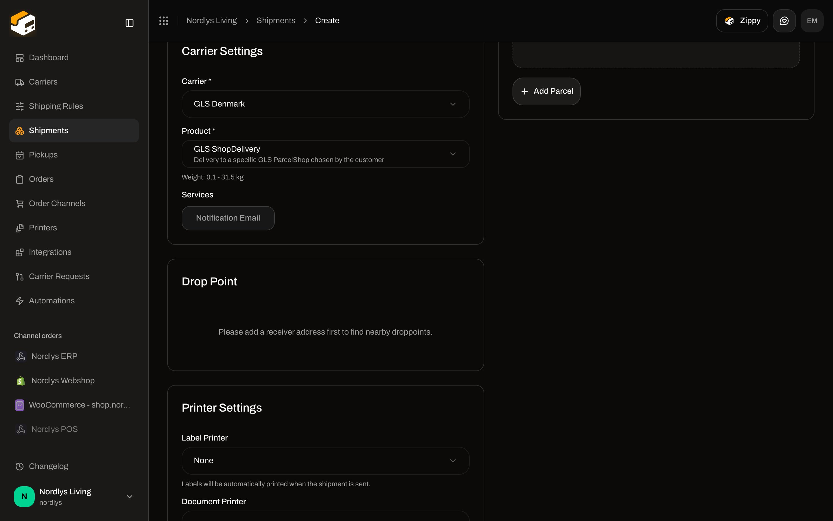Create Shipment with GLS ShopDelivery selected and Drop Point saying please add a receiver address first