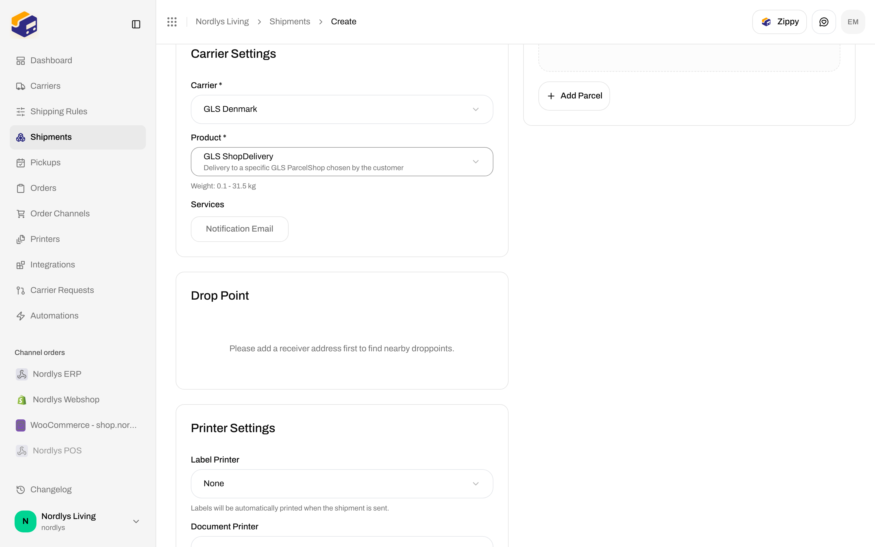 Create Shipment with GLS ShopDelivery selected and Drop Point saying please add a receiver address first