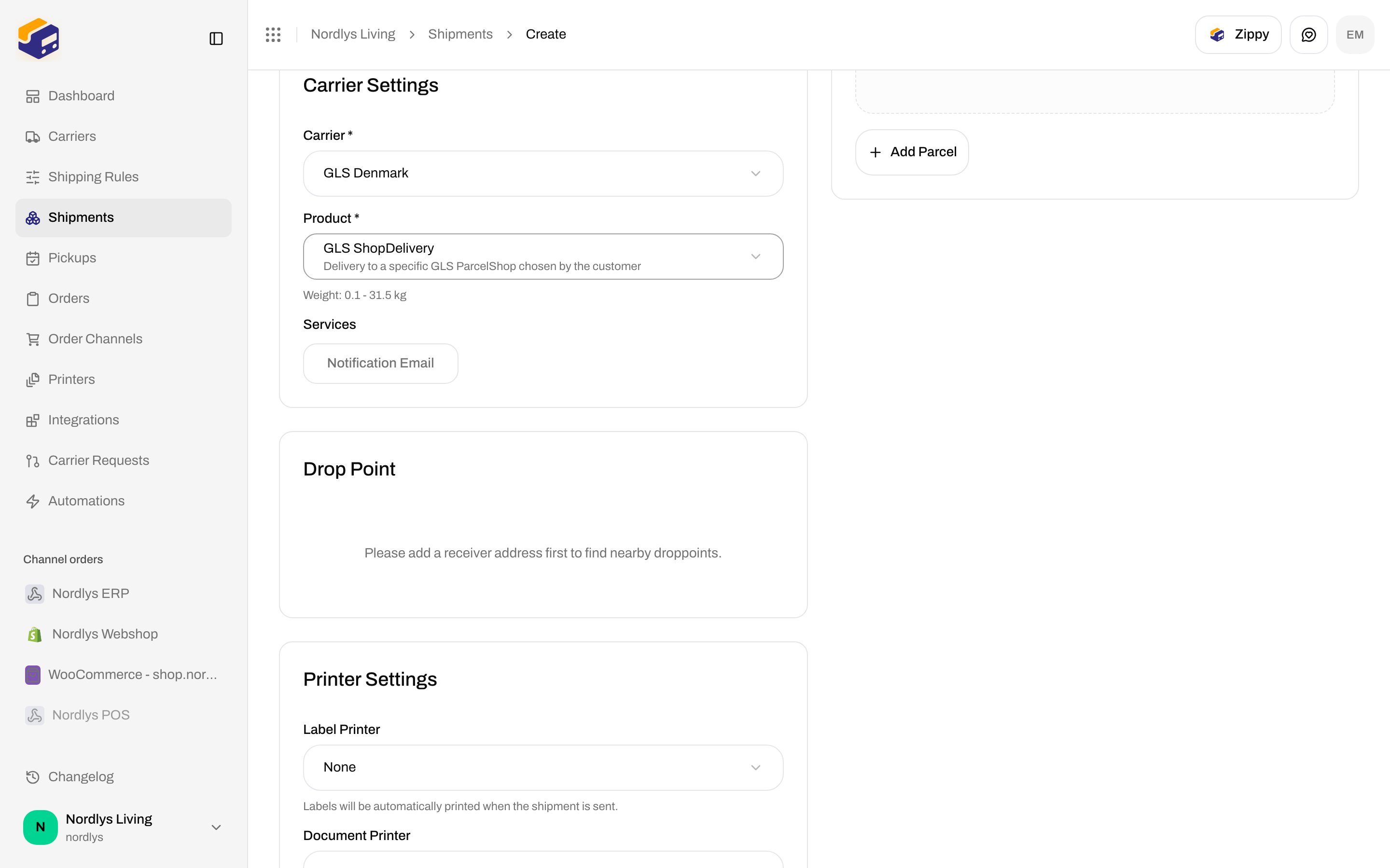 Create Shipment with GLS ShopDelivery selected and Drop Point saying please add a receiver address first