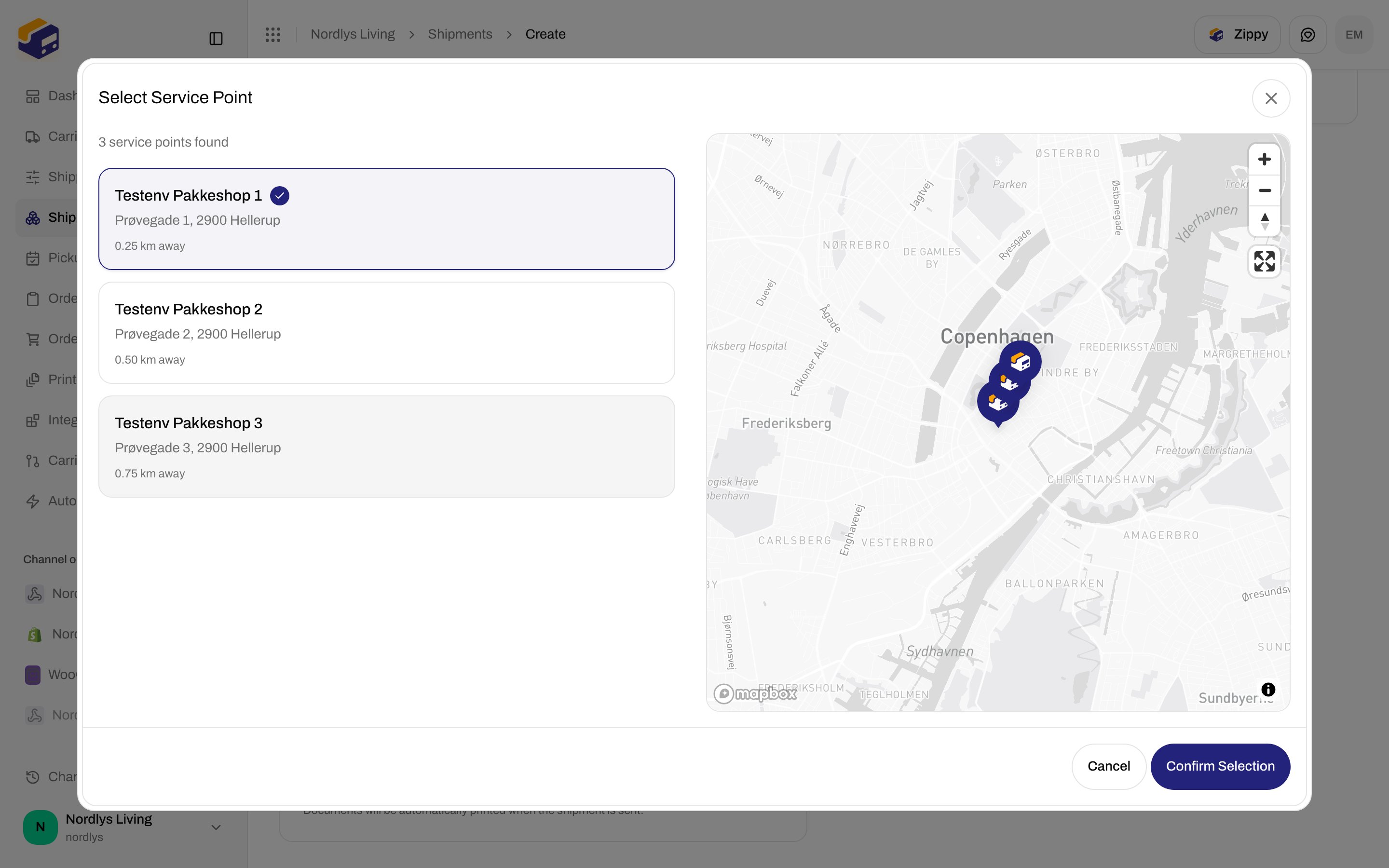 Select Service Point modal listing nearby droppoints beside a map