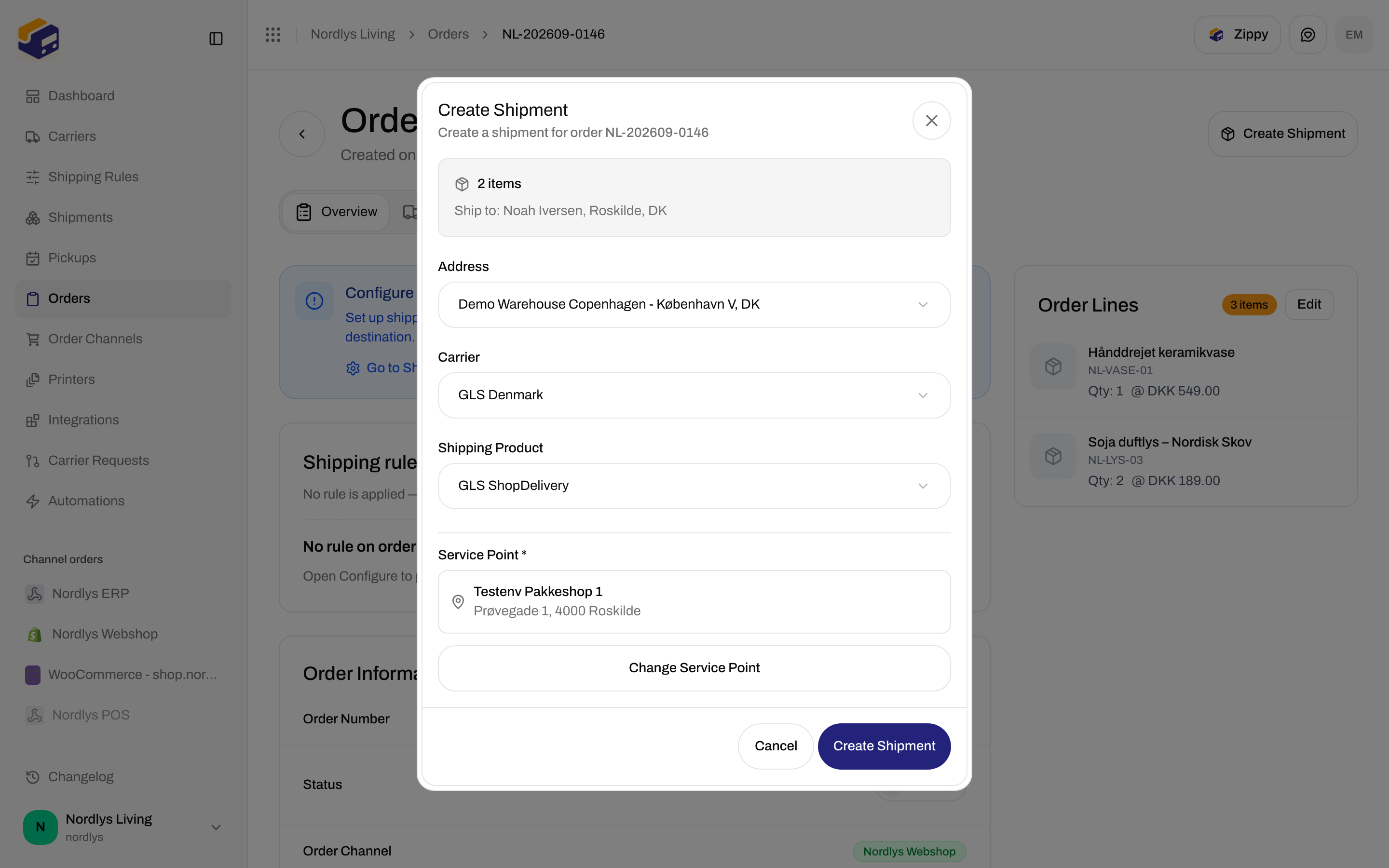 Create Shipment modal with GLS ShopDelivery and Service Point required