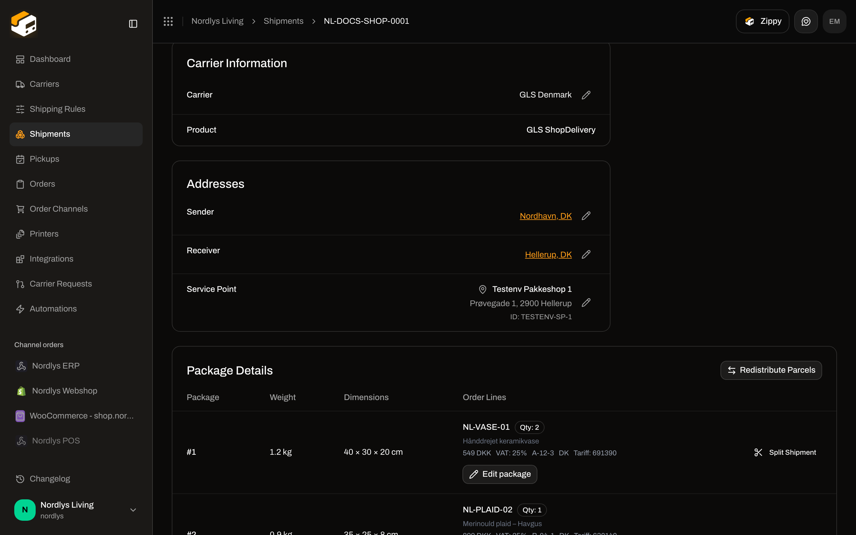 Shipment Addresses section showing Sender, Receiver, and Service Point with edit control
