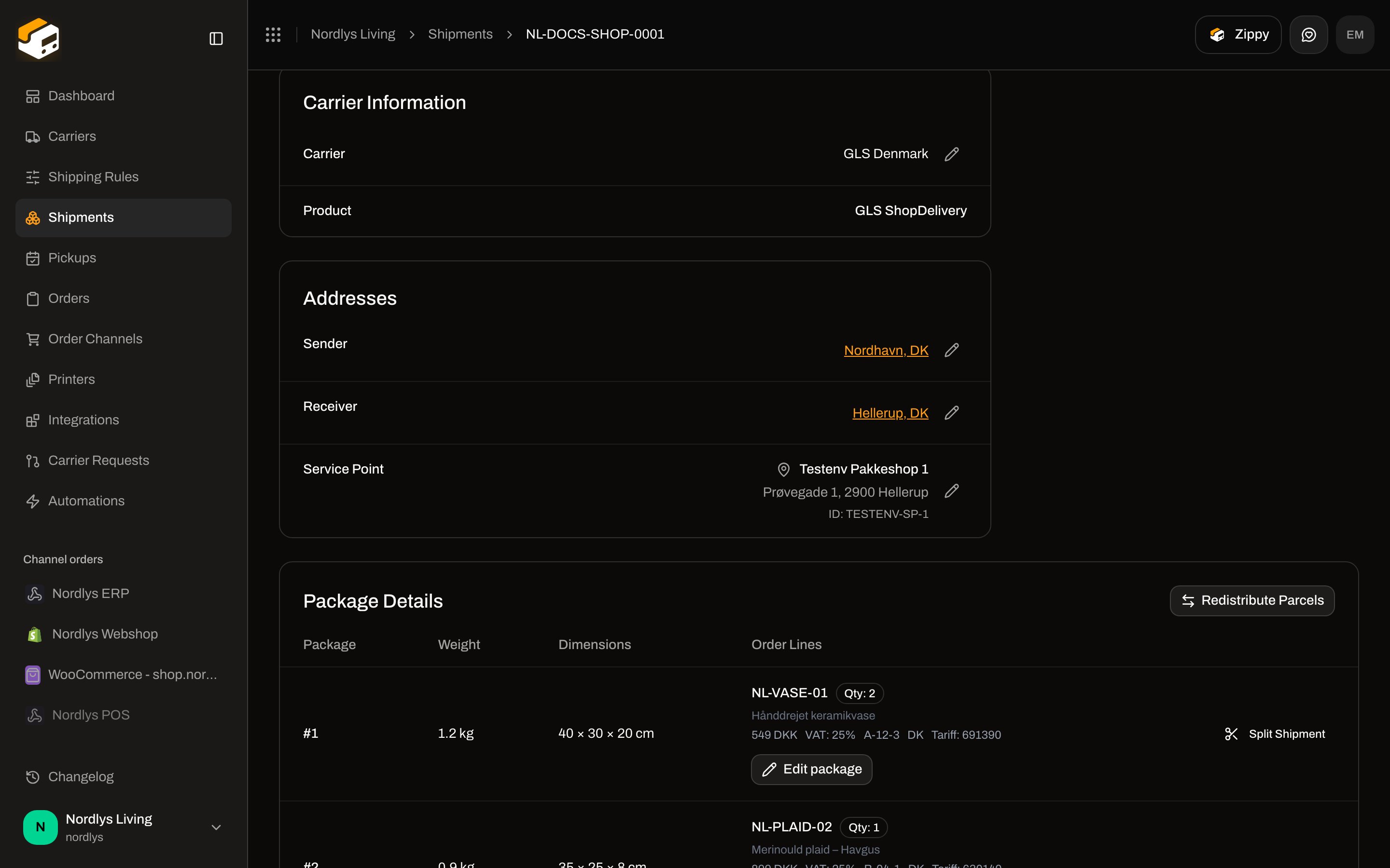 Shipment Addresses section showing Sender, Receiver, and Service Point with edit control
