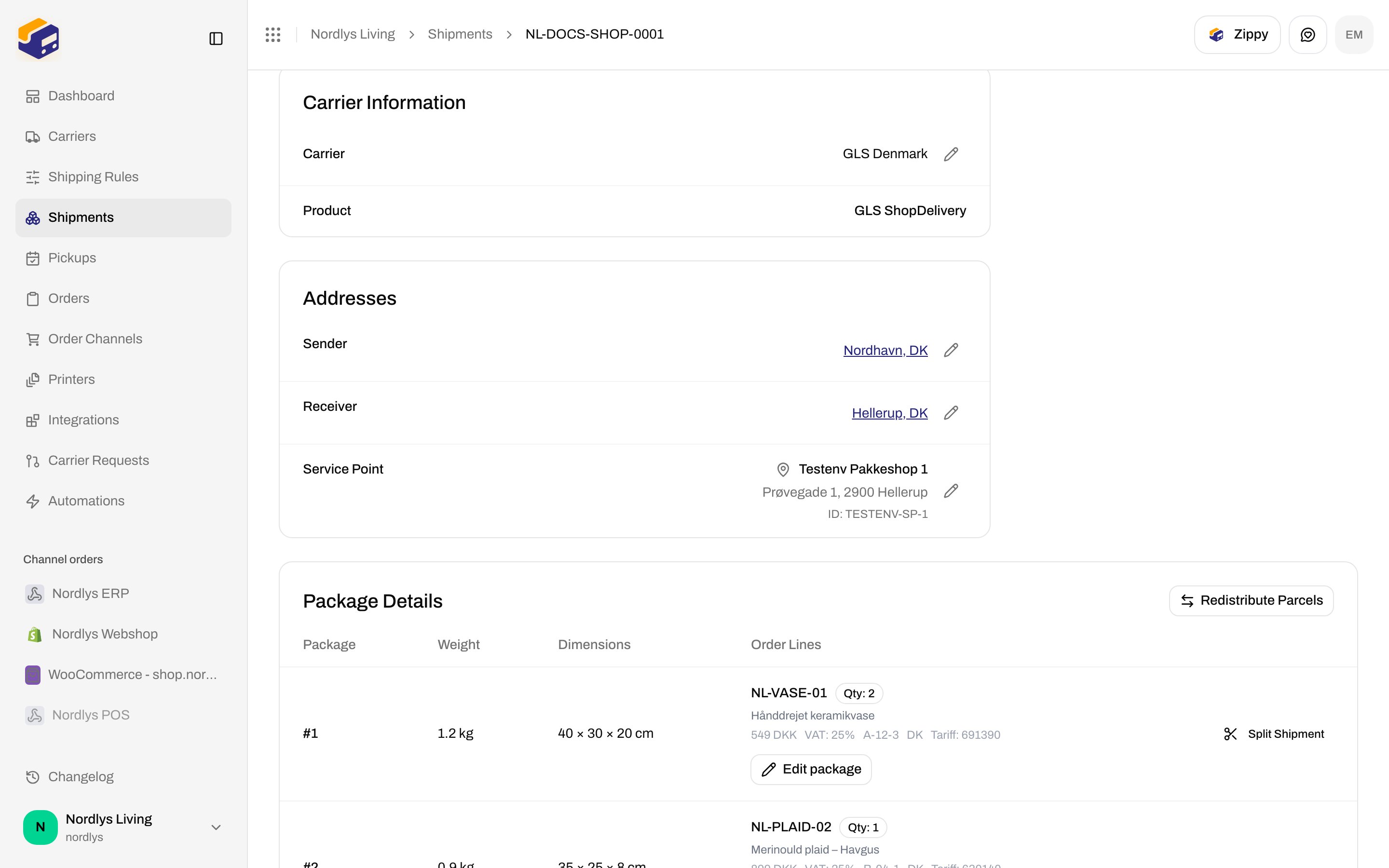 Shipment Addresses section showing Sender, Receiver, and Service Point with edit control