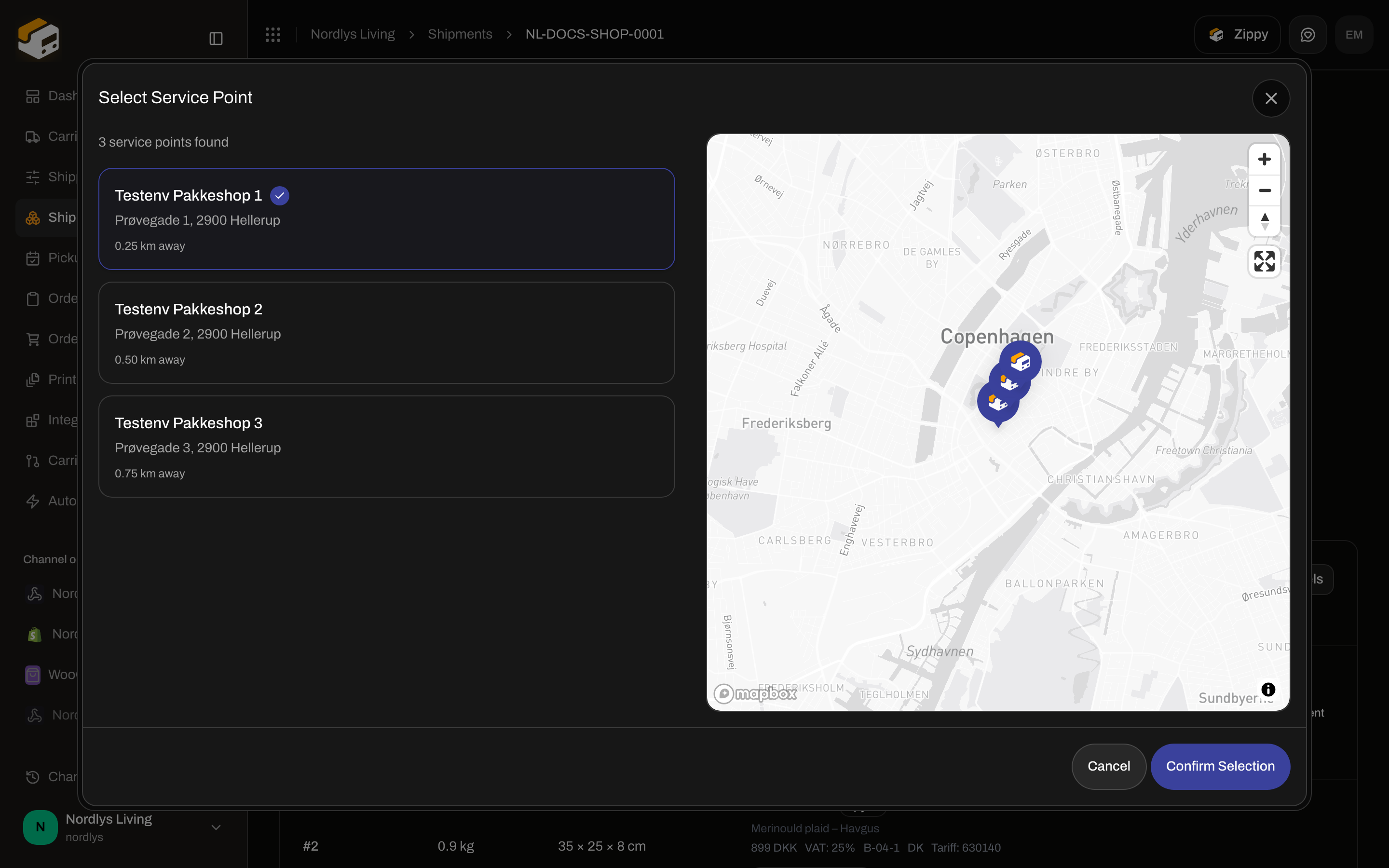 Select Service Point modal opened from shipment Addresses to change the droppoint